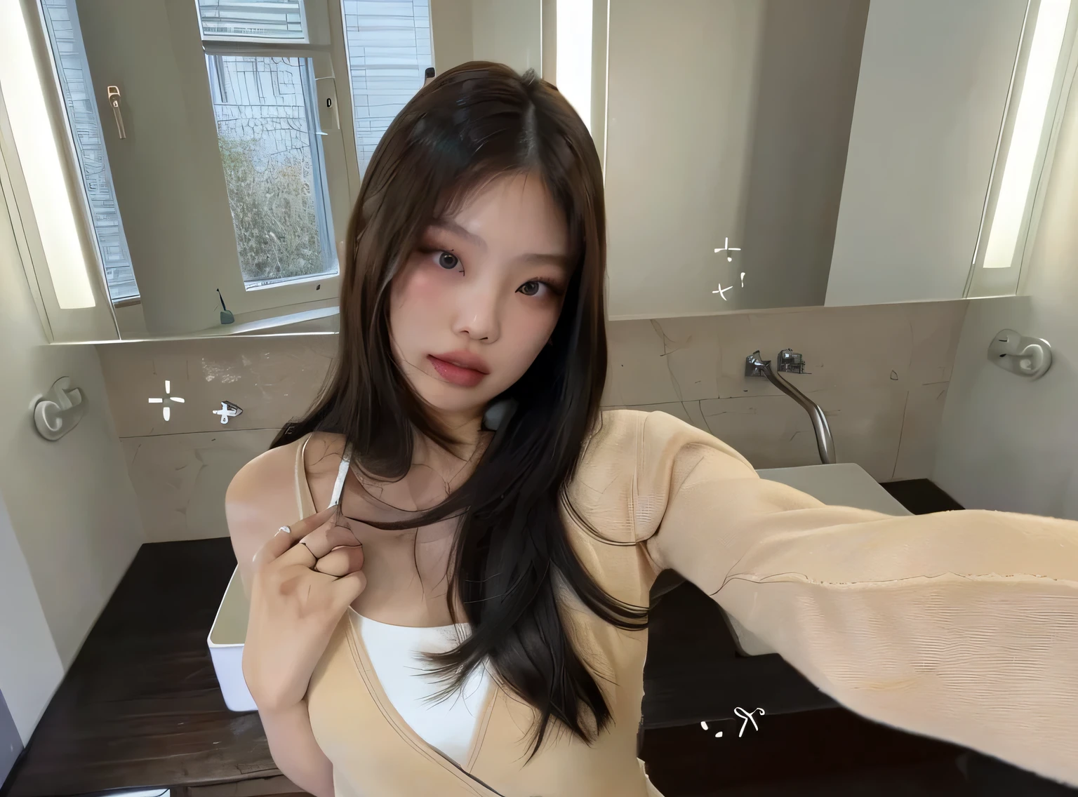 there is a woman that is brushing her teeth in the bathroom, bae suzy, jinyoung shin, ig model | artgerm, pokimane, lalisa manobal, dilraba dilmurat, jaeyeon nam, heonhwa choe, taejune kim, sakimichan, korean girl, ulzzang, jossi of blackpink , blackpink Lisa , blackpink jennie , Korean famele fare , cute asian