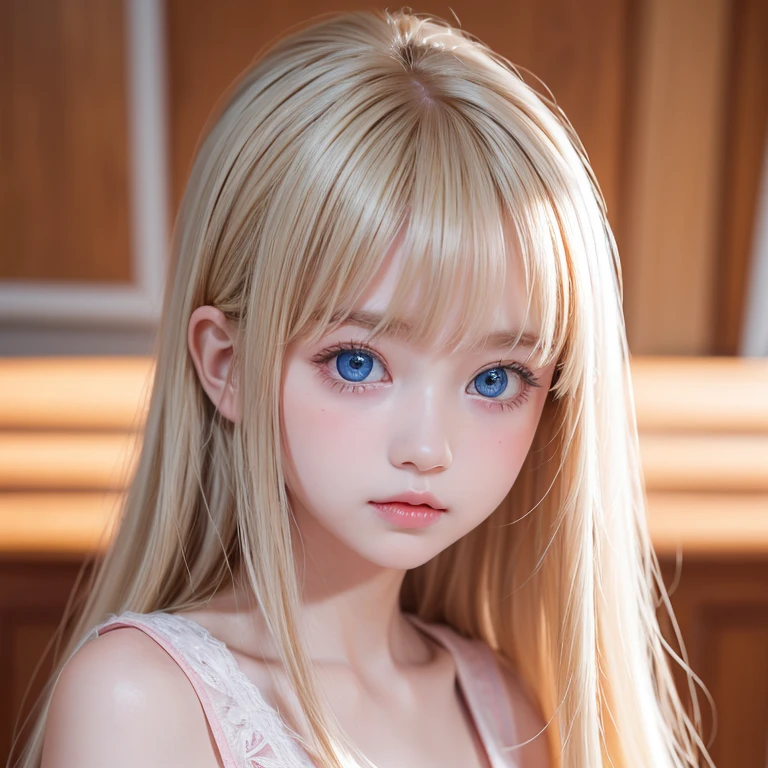beautiful cute face, beautiful beautiful blonde hair , Half Body Shot ,Beautiful long bangs, beautiful cute hair between the eyes ,model,Round face、pale light blue eyes、big eyes、pure white beautiful skin 、 the luster of young cheeks 、Pink dress