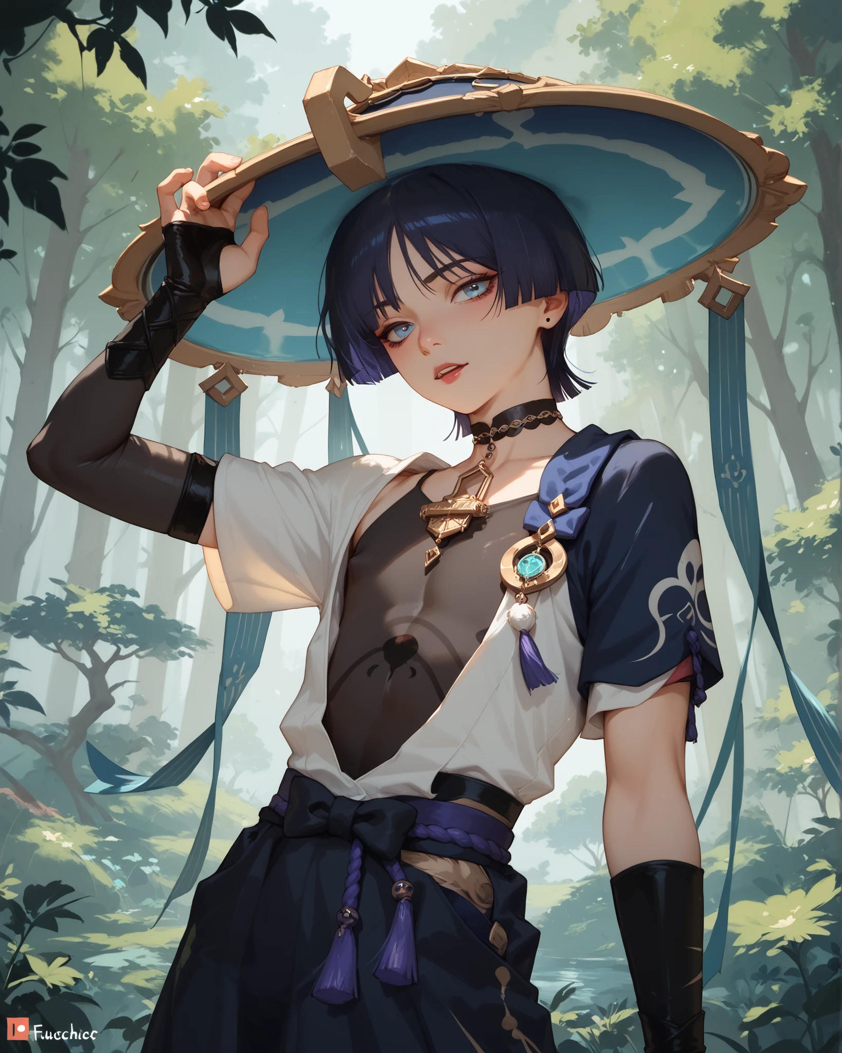 (scaramouche), gothic femboy, forest, feisty