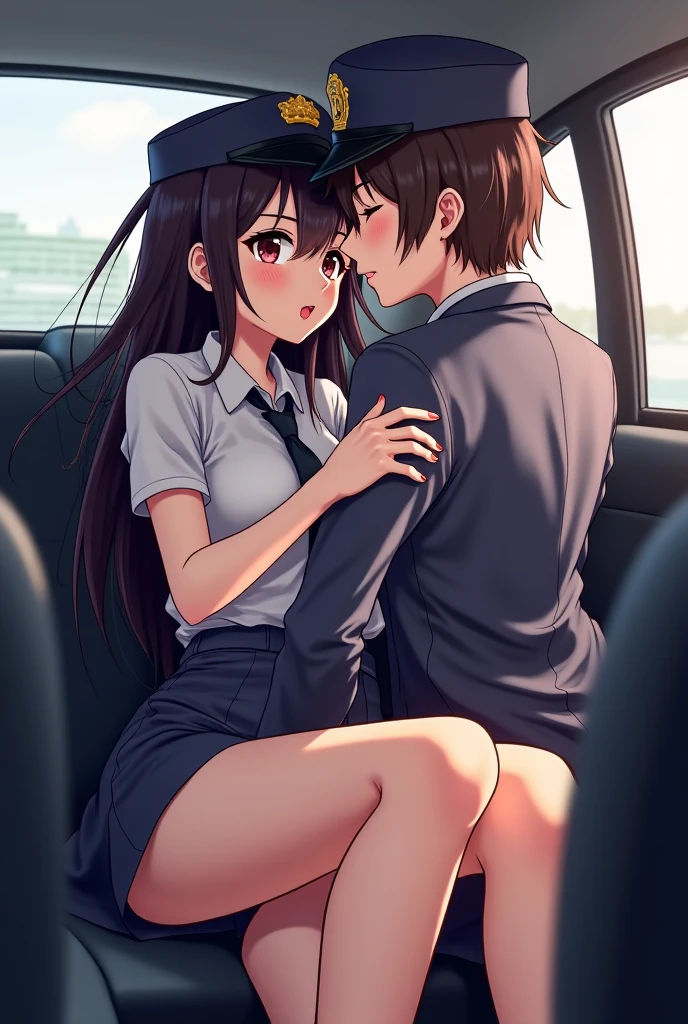 masterpiece, best quality, absurdres, dark, night, 1girl, tennis uniform, pleated skirt, visor cap, medium breasts, white kneehighs, long hair, (1boy), sex, (hetero:1.3), sitting, girl on top, (straddling, upright straddle), vaginal, from side, <lora:upright_straddle_20:0.7>, (blush:1.5), (sweat), steam, (open mouth), car interior, steering wheel, sunny, (hand on another's chest), eye contact,