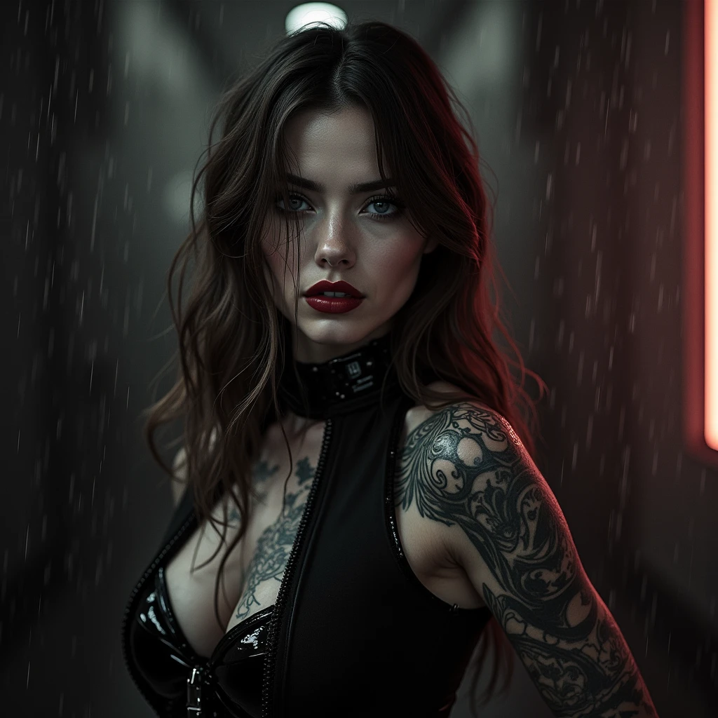 (best quality,4k,8k,highres,masterpiece:1.2),ultra-detailed,(realistic,photorealistic,photo-realistic:1.37),gothic woman,cyberpunk,red eyes demon like ,demon,extremely detailed face,long dark hair,sensual lips,pale skin,piercing,full makeup,black leather outfit,studded collar,fishnet stockings,platform boots,night cityscape background,neon lights,smoke and fog,reflective surfaces,glowing tattoos with intricate designs,blood red lipstick,sharp fangs,intense gaze,ominous aura,vivid colors,high contrast,dark shadows and highlights,ethereal beauty