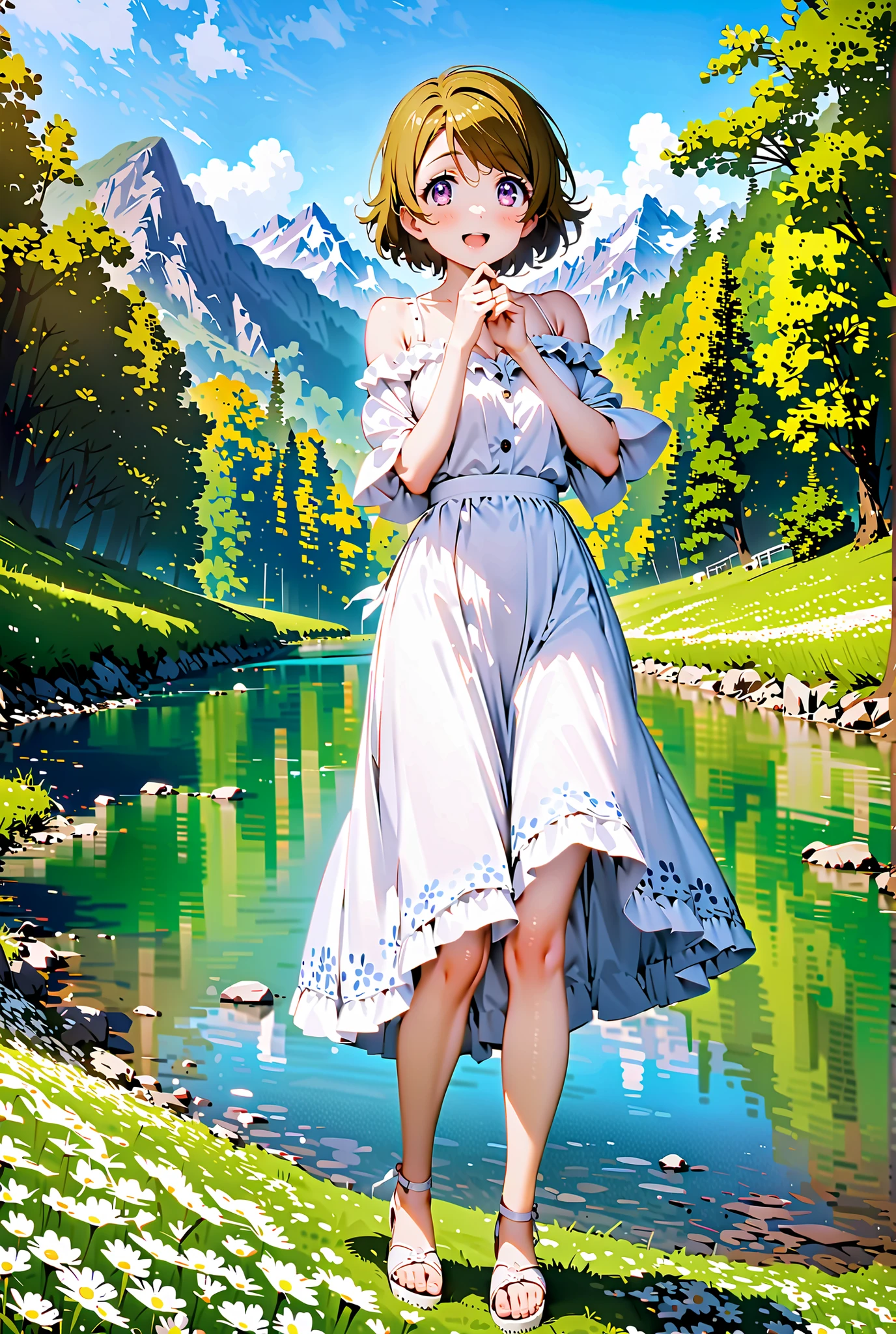 Hanayo Koizumi, short hair, brown hair, purple eyes,Medium breast, White Off Shoulder Dress, white long skirt,Heeled Sandals,standing,smile,cover,opens her mouth,noon,Flower Field,Mountain,river,nature,full bodyがillustrationsに入るように,break outdoors,nature,,
break looking at viewer,full body,
break (masterpiece:1.2), of the best quality, high definition, Unity 8k 壁紙, (illustrations:0.8), (beautiful detailed eyes:1.6), Highly Detailed Face, so that it fits into the illustration, Extremely Detailed CG, (perfect hand, Perfect Anatomy),