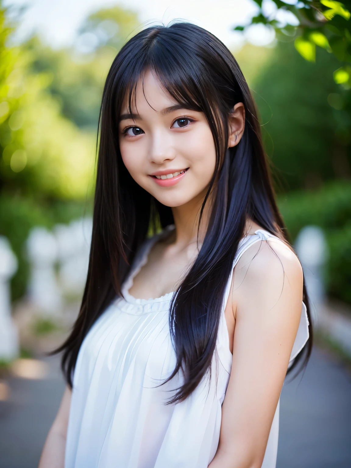 (Best-quality, Masterpiece, Ultra-High-Resolution, (Photorealistic:1.4), Raw Photo, depth of field, professional lighting, perfect anatomy, extremely details), face-focus, 1girl, 15-years-old, the most famous Japanese-idol, ((looking at viewer, innocent smile)), (((extremely beautiful and extremely realistic skins))), (((extremely realistic big-black-eyes))), (((extremely cute face like the most popular Japanese idol))), (long-eyelashes), (black long-straight-hair)