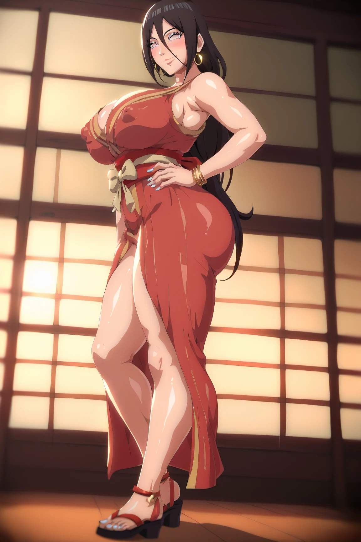 (best quality,ultra-detailed,realistic:1.37) Kagome Higurashi, mai shiranui from the king of fighters, beautiful detailed eyes,beautiful detailed lips,smiling with happiness, 25yo, Japanese mature female, wearing a green short kimono, matured face, joyful expression, dynamic pose, big breast, big hips, full body view, big body, thick, (Curvy:1.35), ((Master piece)), best quality, perfect bodies,beautiful detailed eyes, extremely detailed face, perfect lighting, long black hair, golden eyes,