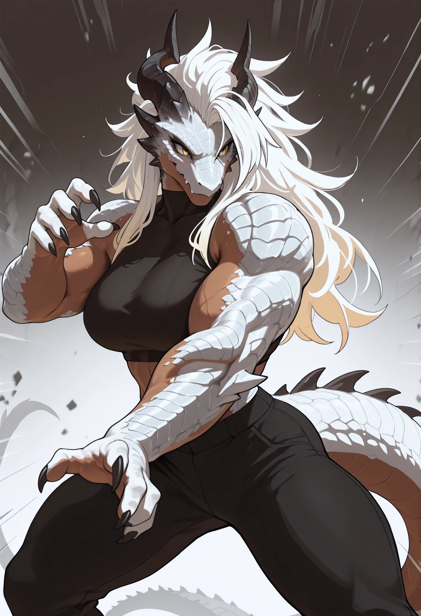muscular creature, anthro dragon, dark horns, yellow eyes, short spiky white hair, black crop top, pants, sharp claws and scales, silver scales on arms and legs, calm pose, athletic, posed in a dynamic stance,dark skin tone, BREAK background is simple and muted, with a gradient effect and soft, neutral tones.