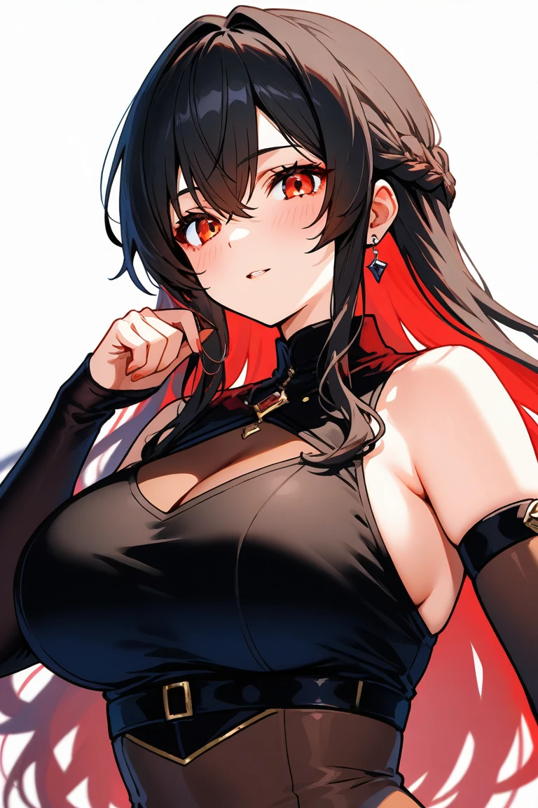 yor briar, anime style beutiful woman, 1girl, happy, sexy pause,(with sparkling eyes and a contagious smile:0.9),red face, closed mouth, beautiful detailed eyes, super detailed skin, backlighting, bare shoulders, black background, black dress, black gloves, black hair, breasts, dress, earrings, fingerless gloves, floating hair, floral print, flower, gloves, gold earrings, gold hairband, hair flower, hair ornament, hairband, holding, holding weapon, jewelry, large breasts, long hair, looking at viewer, off-shoulder dress, off shoulder,red eyes, short hair with long locks, sidelocks, solo, spikes, thighs, two-sided dress, two-sided fabric, weapon, fighting stance , face, close up, from above, highest quality, looking at viewer,high resolution.
