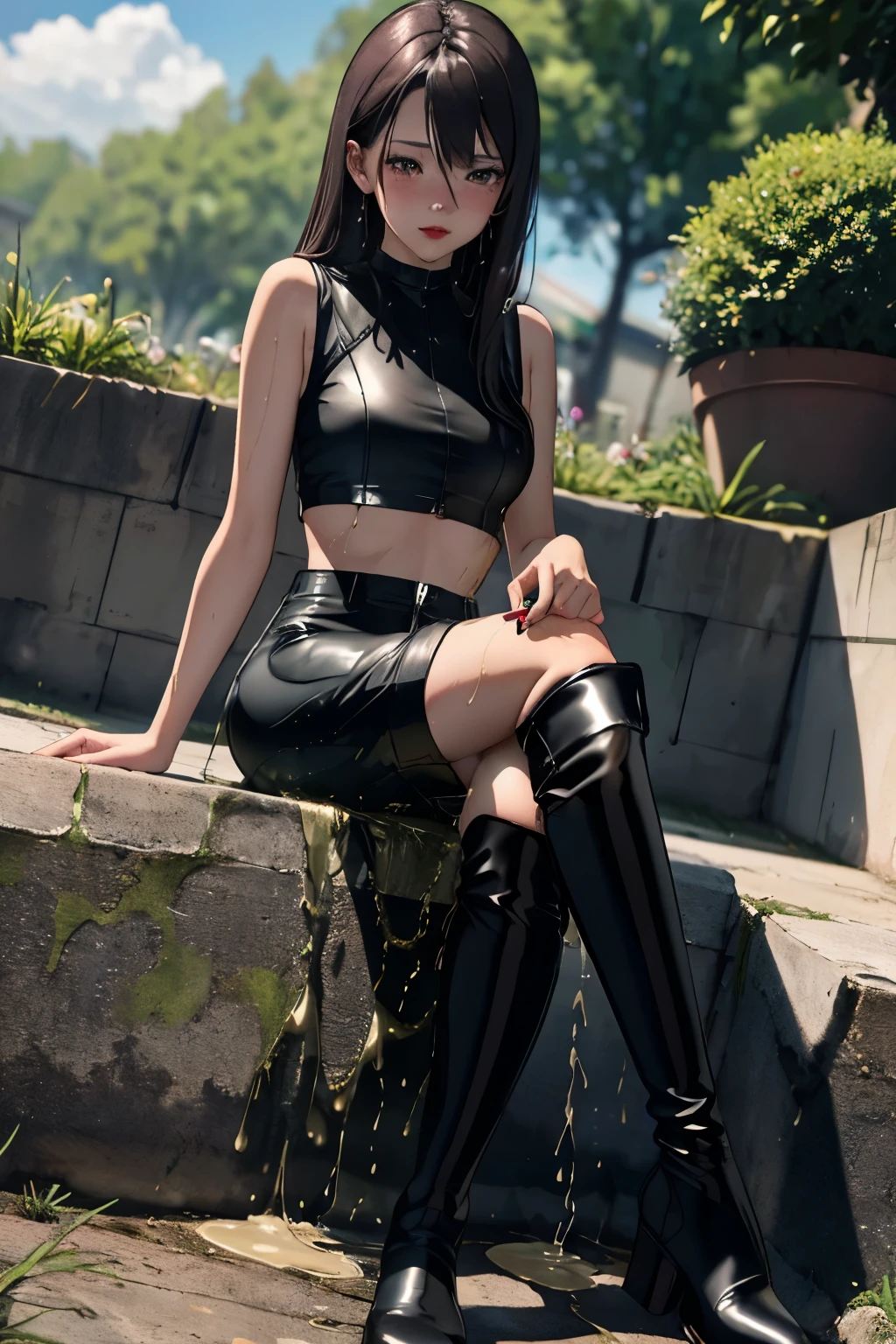 highres, beautiful women, high detail, good lighting, lewd, hentai, (no nudity), ((((wet bike shorts)))), ((tight leather top)), ((((leather thigh high boots)))), bare midriff, (wet pants), (((wetting herself))), (((peeing herself))), (((peeing self))), (pee streaming down legs), peeing stain, (puddle), (thick thighs), nice long legs, lipstick, detailed face, pretty face, pretty hands, embarrassed blushing face, humiliated, ((sitting legs crossed)), (sitting on a bench), hihelz