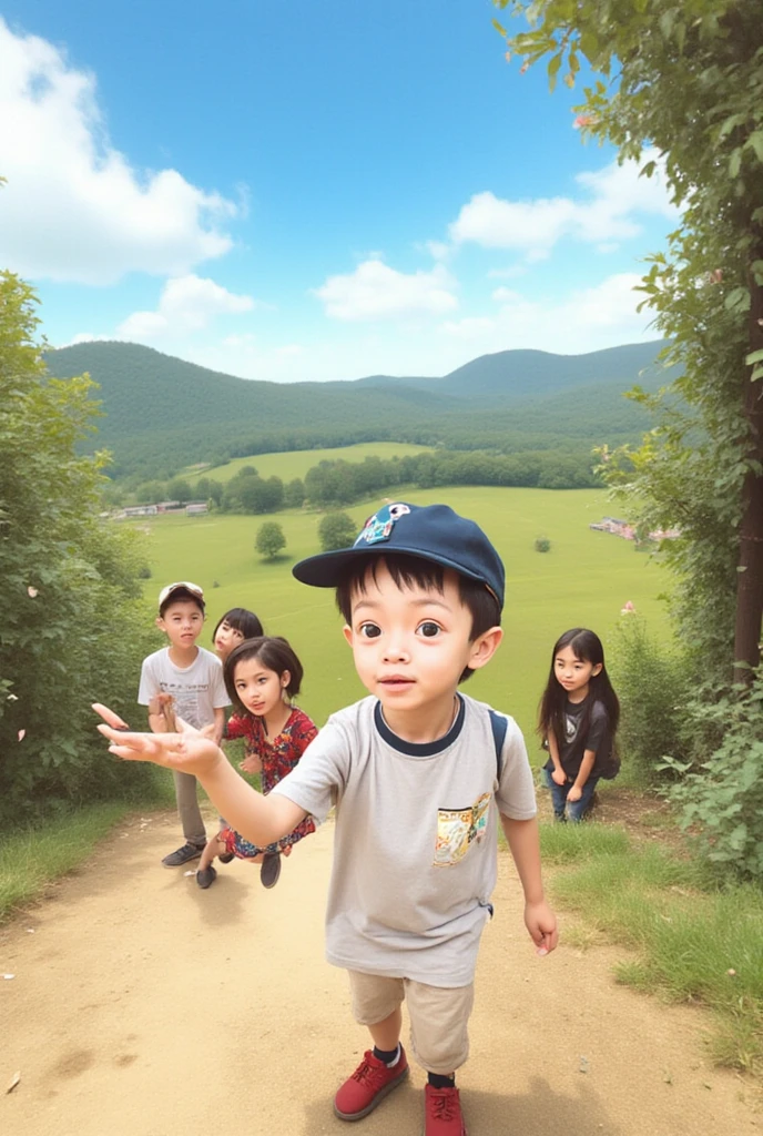 Cute petite girl in warm sunshine，Show her beauty、Innocent and lovely，Beautiful scenery in the background，Mainly warm colors。