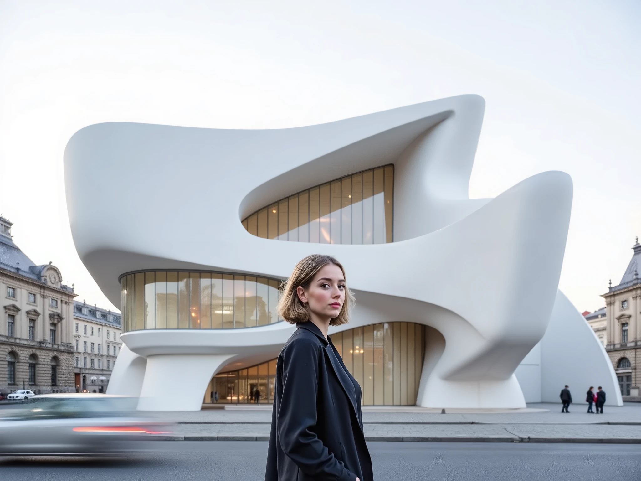 A beautiful woman with short hair stands behind the modern opera house in the center of Prague, designed in the architectural style of Zaha Hadid. The exterior is white with gold details, and the facade is designed to resemble a giant folded piece of paper.