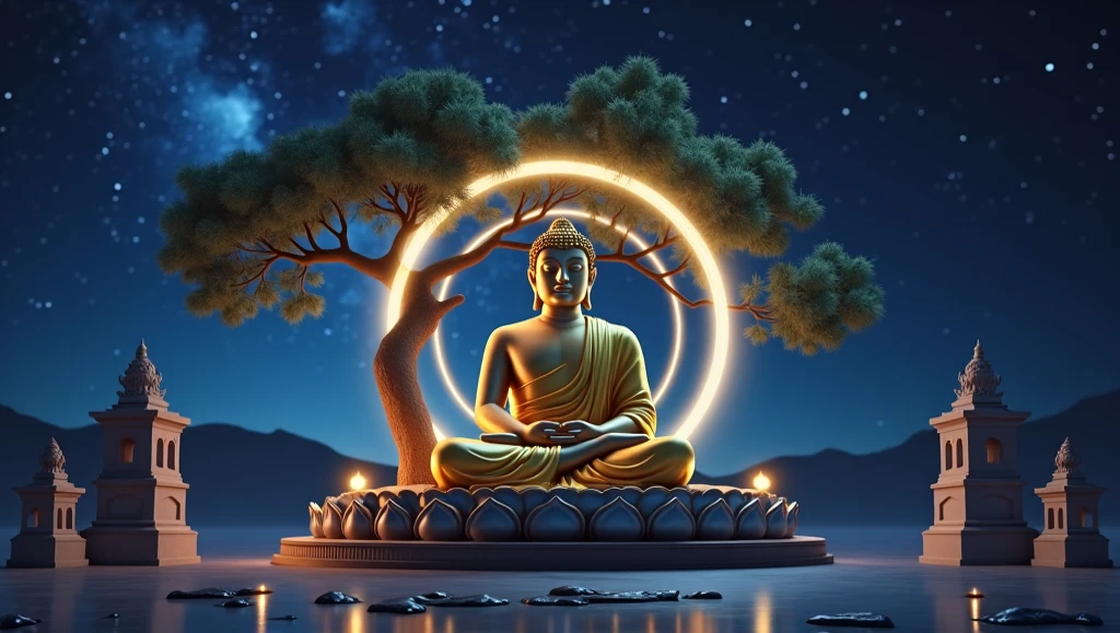 3 PEOPLE SITTING AND KNOWING TO THE BUDDHA, 3 PEOPLE INCLUDING DEMONS, ANGELS AND HUMANS KNOWING TO THE BUDDHA, 8K,Very bright colors, Light particles, with light glowing, wallpaper art, UHD wallpaper
