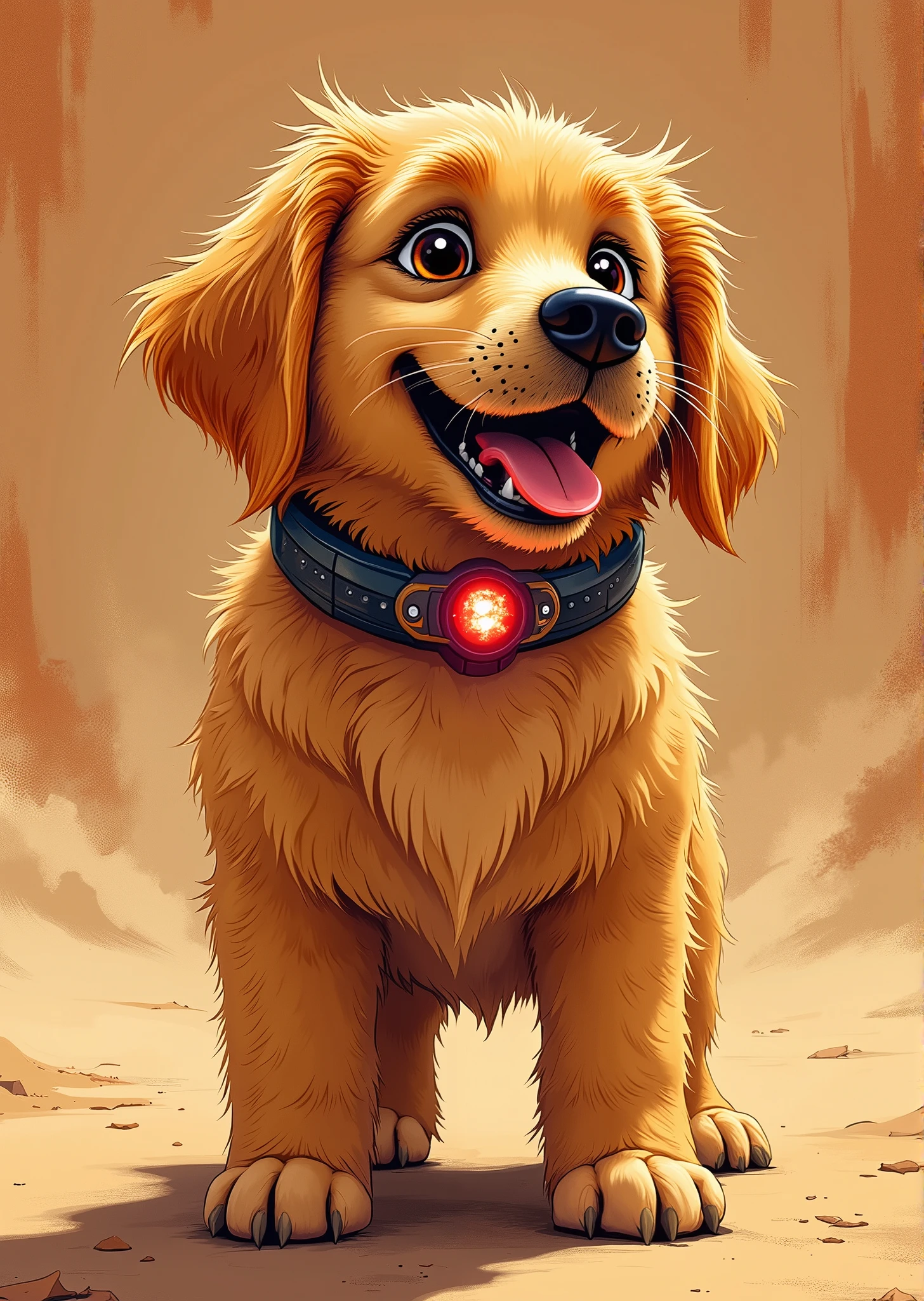 An extremely detailed comic book illustration of a lovable golden retriever wearing a science fiction looking collar with a blinking red light inspired by Dug from Up in an art style inspired by Frank Miller and Conan the Barbarian. He has large, expressive eyes, a big black nose, and a happy expression with his tongue visible. He's wearing a special futuristic collar with a red light on it. His fur is a warm golden-brown color and appears fluffy and slightly disheveled. The image captures his characteristically cheerful and innocent personality that made him such a beloved character. The background is of textured brush strokes in shades of sandy tans and ruddy clay reds. Standing in a dynamic action pose. Trending on Art Station.