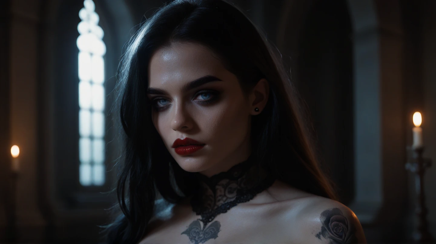 Create the image of a handsome vampire, That just woke up from a deep sleep, The other is a noble and elegant girl, Beautiful alluring colorless eyes, A vampire with a refined and elegant appearance, They have a lot of time, Loose hair and angular features,Their skin should be pale and flawless, With a touch of potus That transcendental beauty, A vampire's eyes should be deep and seductive, With a predatory glow, An allusion to their insatiable bloodlust, (They have to wear erotic clothes, That modern and timeless), Her style refers to the long history of human life, When they wake up from a deep sleep, Vampires Should Exercise Calm Confidence, Exudes an aura of danger and intrigue, The background should be shrouded in shadow, Just a hint of moonlight broke through the darkness, In the hands of vampires, There should be a small vial of blood, Based on their latest victims, Vampires should be content and a little worried about their hunger, How would that they know about the danger, That, What is presented to others, gothic art style, Ultra-realistic realism, Psychedelic surrealist art, Surreal psychedelic design, Dreaming style, psychedelic art, Quality Quantity, skin texture, intricate details, (cinemathatgraphic lighting), 8K,