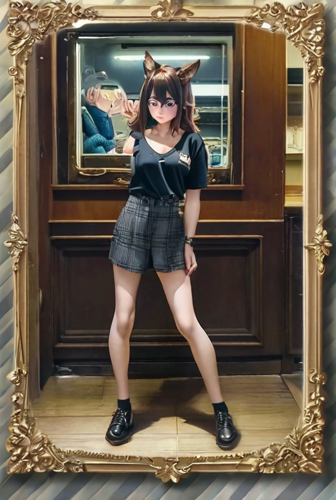 a strong woman, in short clothes standing in front of the camera