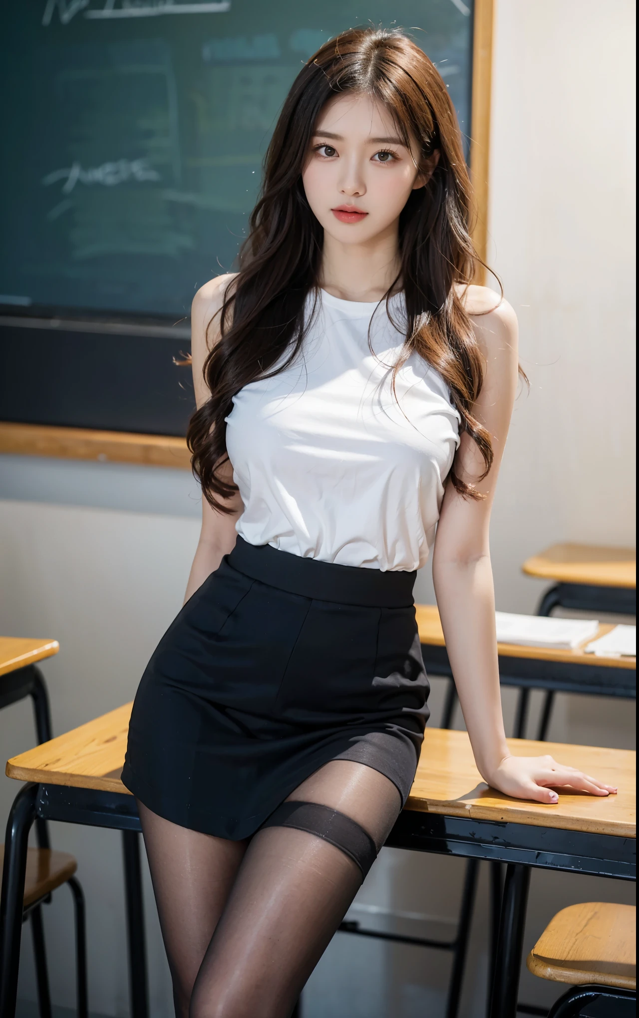 ((midnight, need, 8K, masterpiece:1.3)), Full body female love, 1.Height 7 meters,Leg length, focus:1.2, Beautiful woman,Have a perfect body:1.4, Slim abs:1.1, ((brown hair, :1.2 )), (Female teacher,White shirt,mini skirt,Black shiny high heels1.2), (stand up,Classroom:1.3)), Highly detailed face and skin textures, Delicateeyes, double eyelids,Large Breasts,color,curls