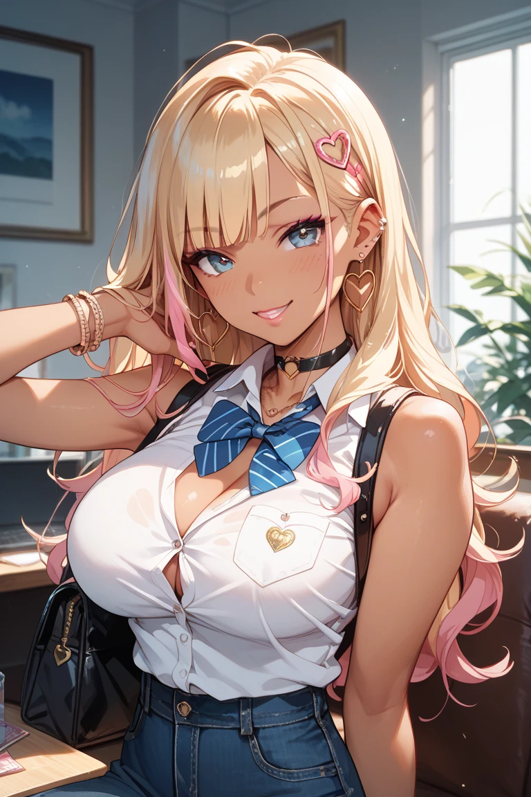 (highest quality:1.2, Very detailed, up to date, Vibrant, Ultra-high resolution, High Contrast, masterpiece:1.2, highest quality, Best aesthetics), Portraiture、girl、slim, Bright colors、Beautiful fine details、Beautiful lip detail、long hair, ((wavy hair:0.4))、messy hair, blonde and blue ((streaked hair:1.3)), highlights hair: 1.3, (medium breast:1), (tan skin:1.3), button-up shirt、eating nigiri Sushi, enjoy Sushi dinner at the table, in high class Sushi restaurant, ((happy:1.5)), cowboy shot,