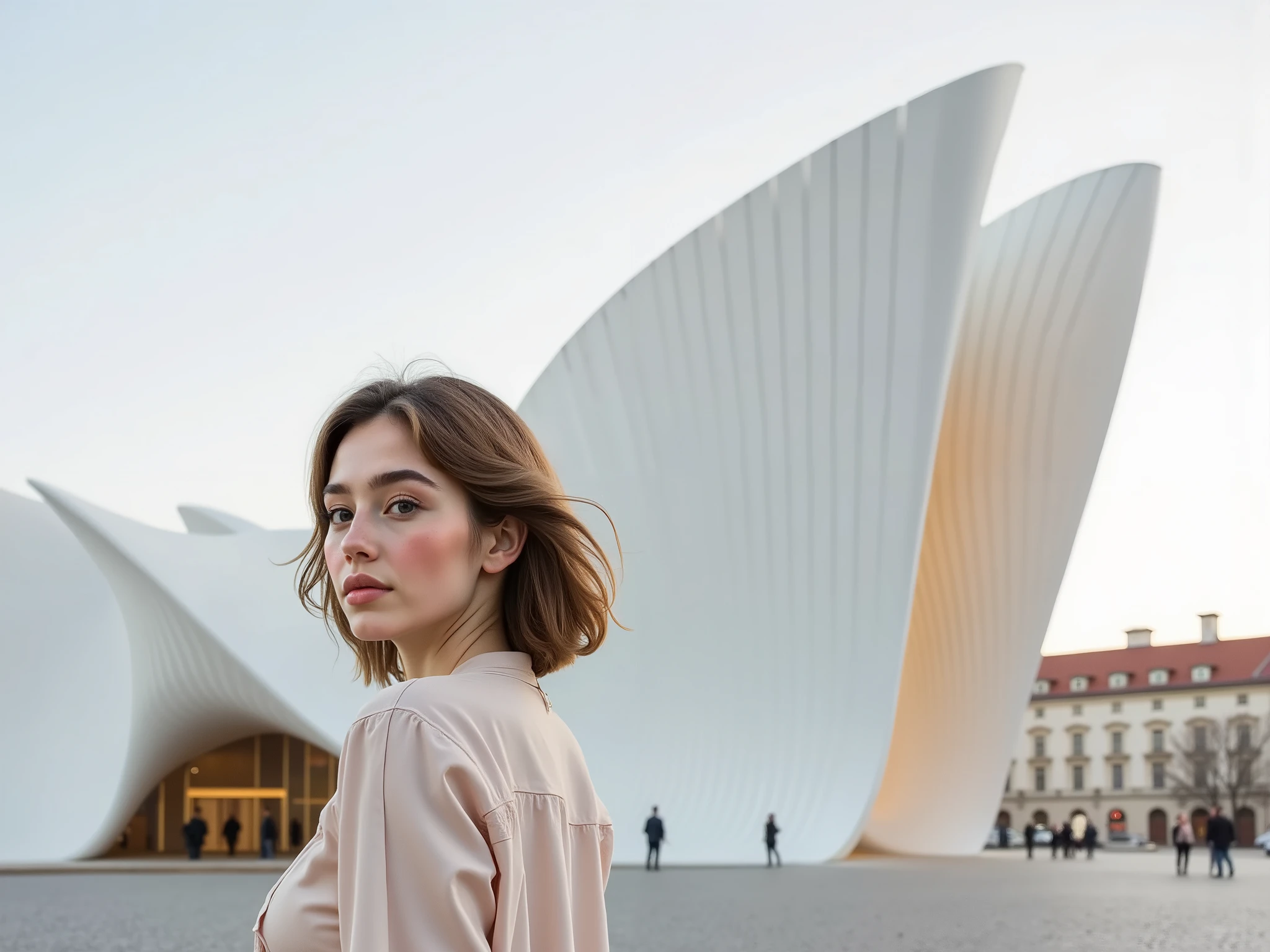A beautiful woman with short hair stands behind the modern opera house in the center of Prague, designed in the architectural style of Zaha Hadid. The exterior is white with gold details, and the facade is designed to resemble a giant folded piece of paper.