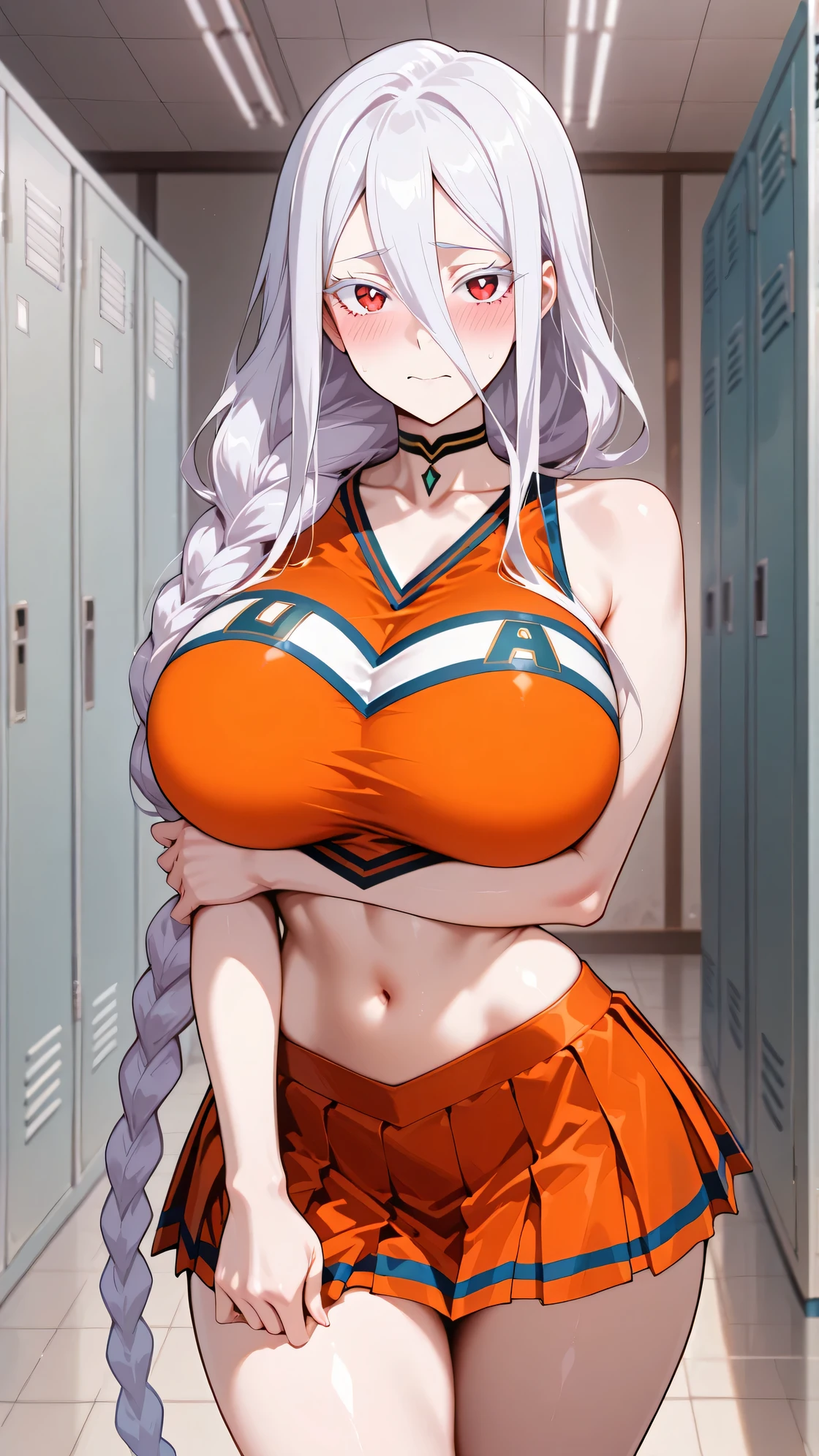 Masterpiece, source_anime, top-quality, perfect anatomically, correct anatomy, sharp focus, 4K, 8K, anime girl, 2D, 1girl, solo, Shiraori (so I'm a spider, so what?), beautiful face girl, white hair (light-purple in hair), long single braid (very long braid, Braid over shoulder), bangs that extend beyond the face, very long bangs, bangs cover nose, white eyebrows, white eyelashes, red eyes, eyes detail, bright skin, pale skin, shiny skin, beautiful asian girl, sexy girl, sexy body, japanese goddess, beautiful body, asian girl, beautiful body and face, japanese model, attractive body, perfect body, beautiful woman body (voluptuous), beautiful asian woman, beautiful feminine body, sexy :8, beautiful symmetric body, with beautiful exotic, japanese, bright skin, pale skin, huge breasts, first-rate breasts, slim waist (narrow waist, sexy waist, curvy), flat stomach with 11 Lines, proportional to athleticism, wide hip, tight thighs, beautiful long legs, beautifully body (toned body, fit, half - body composition), top Rated female body, collarbone, bare shoulder (Broad shoulder), dynamic details, perfect face, Highly detailed beautiful face and eyes, perfect hair (handled hair:1.1), front view, looking at viewer, cowboy shot, shy, flustered, embarrassed, very blushing, tall :1.3, standing, one hand on own arm, one hand on own skirt, indoor, locker room, detailed locker room background, (uacheerlead, cheerleader, navel, midriff, crop top, choker, orange skirt, pleated skirt, orange shirt)