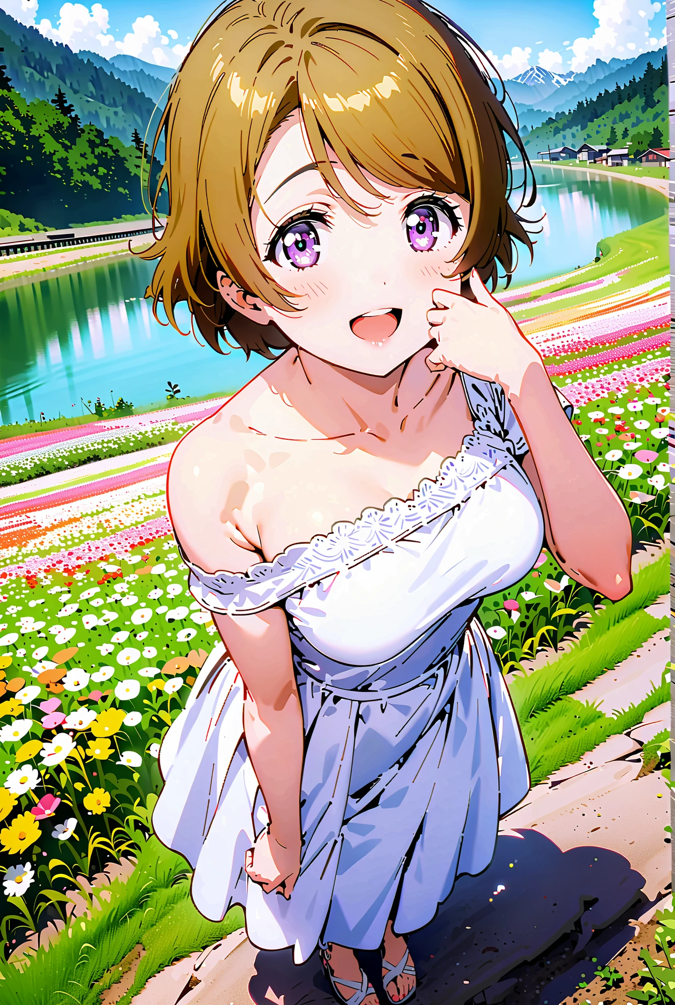  Hanayo Koizumi, short hair, brown hair, purple eyes,Medium breast, White Off Shoulder Dress, white long skirt,Heeled Sandals,standing,smile,cover,opens her mouth,noon,Flower Field,Mountain,river,nature,full bodyがillustrationsに入るように,break outdoors,nature,,
break looking at viewer,full body,
break (masterpiece:1.2), of the best quality, high definition, Unity 8k 壁紙, (illustrations:0.8), (beautiful detailed eyes:1.6), Highly Detailed Face,  so that it fits into the illustration, Extremely Detailed CG, (perfect hand, Perfect Anatomy),