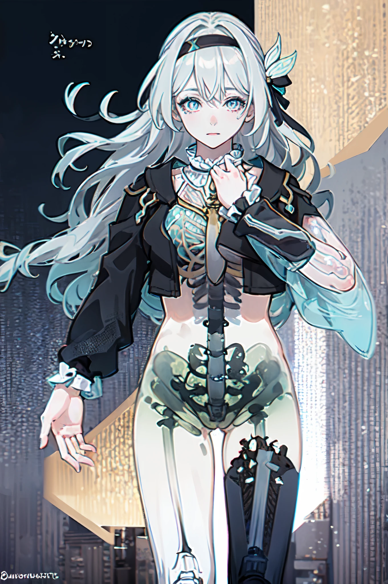 translucent skin, bone, spine, mechanical parts, white skin, blue skin, 1girl, blue eyes, grey hair, long hair, hair ornament, black hairband, green thighhighs,, absurdres, ultra detailed, masterpiece, best quality, aesthetic, detailed,