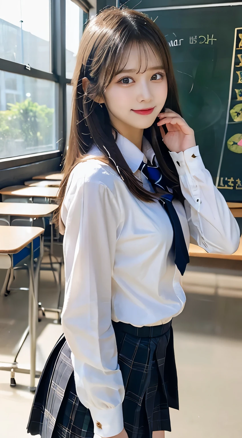 head frame, center image, 8K resolution, high detail, detailed hairstyle, detailed face, great cinematic lighting, octane rendering, lively, surreal, perfect limbs, perfect anatomy,masterpiece, selfie shot, Front view, Young and beautiful Japan woman, big smile, school classroom, gorgeous appearance, Wearing a short-sleeved shirt with a white collar、Wearing a plain shiny blue satin bow tie。。,She is wearing a tartan plaid miniskirt., Wearing short white socks, wearing black leather shoes, absolutely beautiful face, glossy lips, double eyelids in both eyes, natural makeup, long eyelashes, Shiny and smooth light brown medium hair, asymmetrical bangs, tanned skin, alone in the classroom, Textbooks and notebooks on the desk, squat,