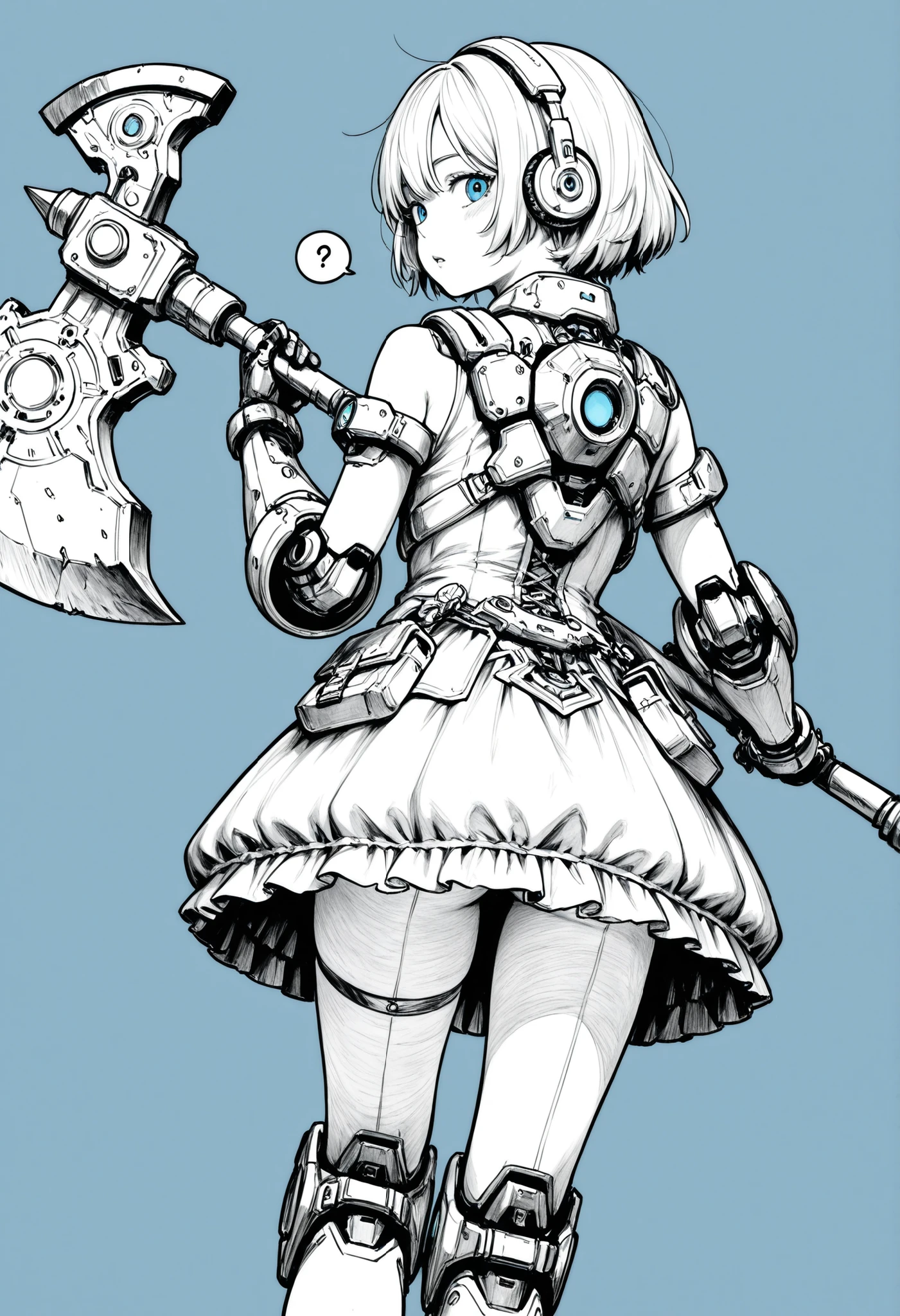 A young girl ,dress with giant ruffles, from behind,(looking back),blue eyes,giant blue runic axe,blue mechanical glove, monochrome,grayscale, blue in the background,messy line art,(speech:1.2),Futuristic headphones