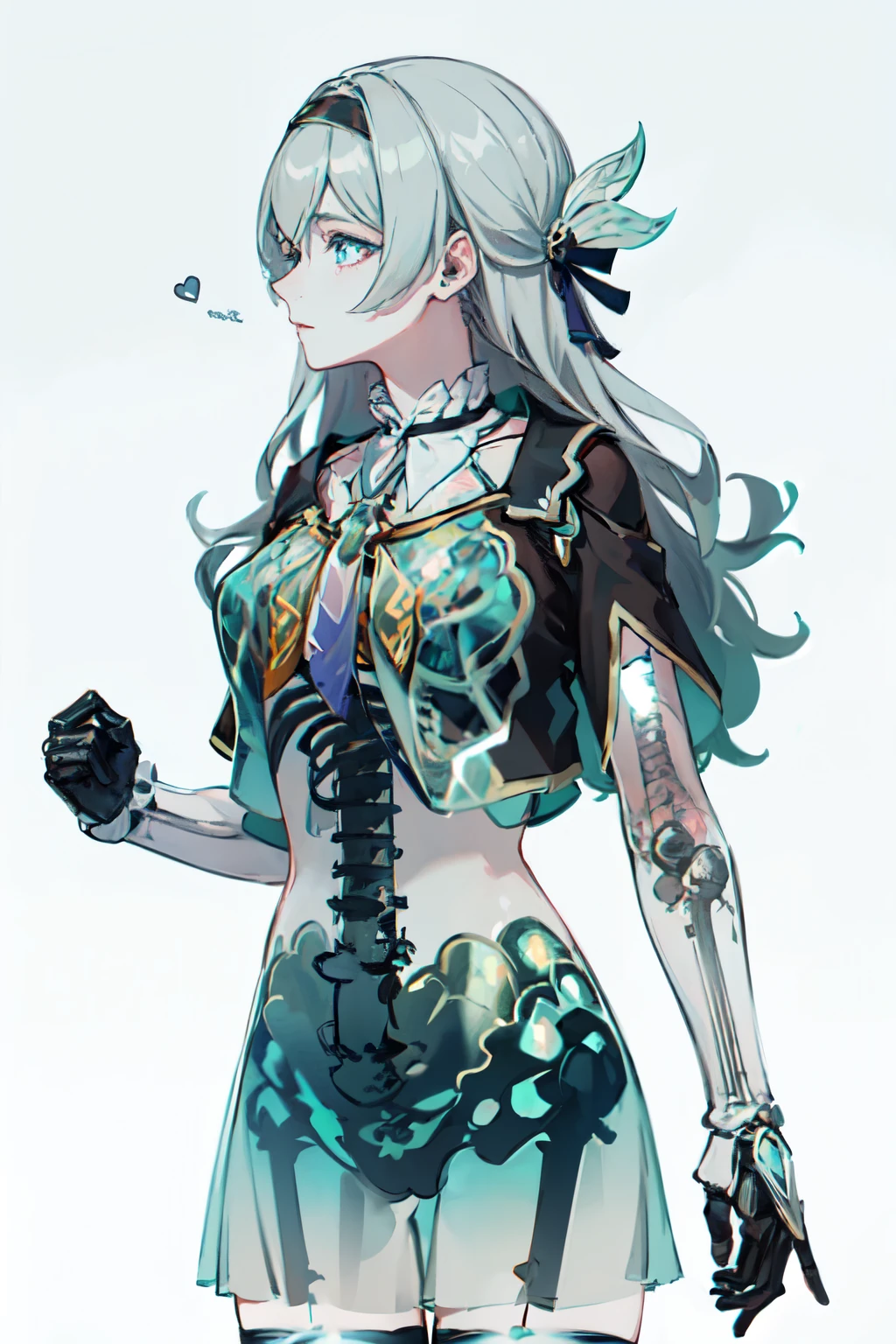 translucent skin, bone, spine, mechanical parts, white skin, blue skin, 1girl, blue eyes, grey hair, long hair, hair ornament, black hairband, green thighhighs,, absurdres, ultra detailed, masterpiece, best quality, aesthetic, detailed,