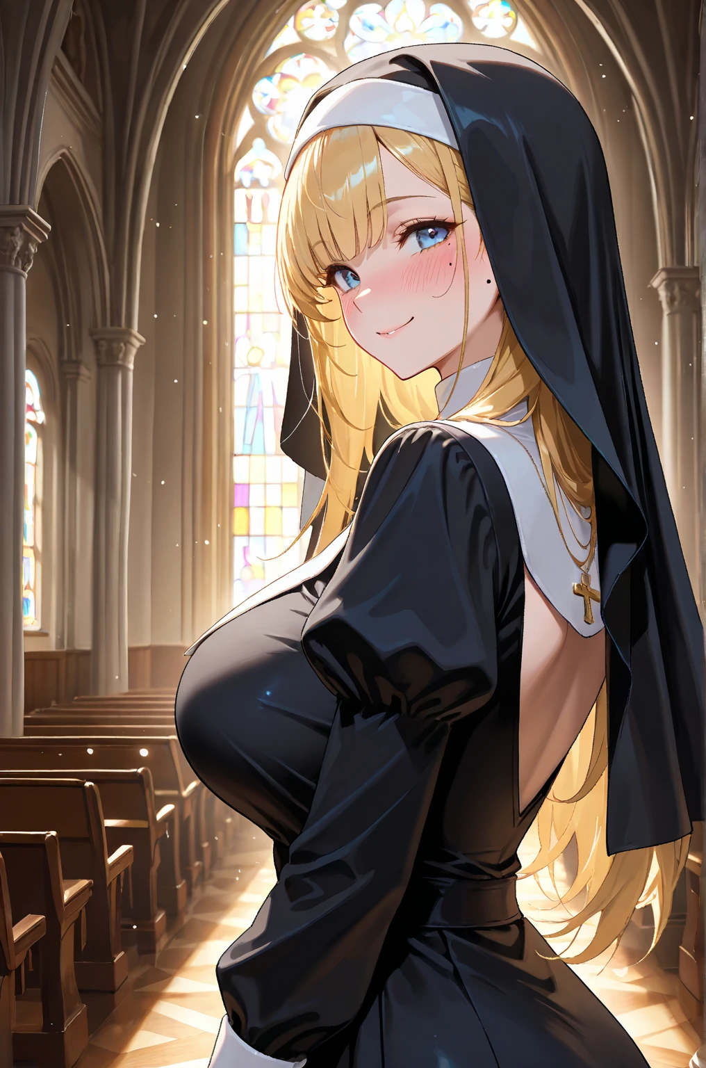 nun,nun服,黑白nun服,Colored hair,nun头巾,Big breasts,Full of figure,Close-up above the waist,Upper body close-up,Church Background,Stained window glass,Mosaic art background,nun,高开叉nun长袍,Robe hem,The front of the robe,The front of the robe hangs down,Knee socks,Knee socks,Knee socks,黑色过膝Silk socks,Silk socks,情趣nun服,High slit robe,Silk socks,Knee socks,Prayer posture,Leg ring,sock,Prayer posture,Robe hem,Long hem,Flesh,Long skirt,Long skirt,Long skirt,Long front robe,Front of robe,Long blond hair,blond,cute,gentle,Smile,慈爱的Smile,Wide crotch,Wide crotch,Thin waist