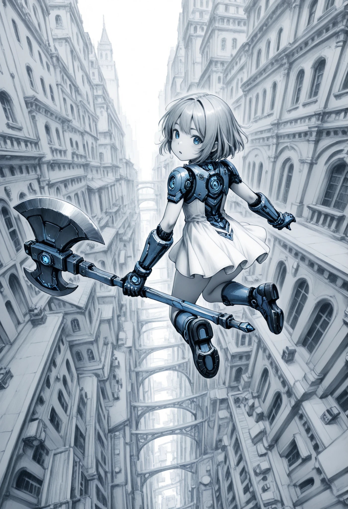 A young girl ,dressed in giant ruffles, from behind,(looking back),blue eyes,giant blue runic axe,blue mechanical glove,  monochrome,grayscale, blue in the background ,Jumping,City from above