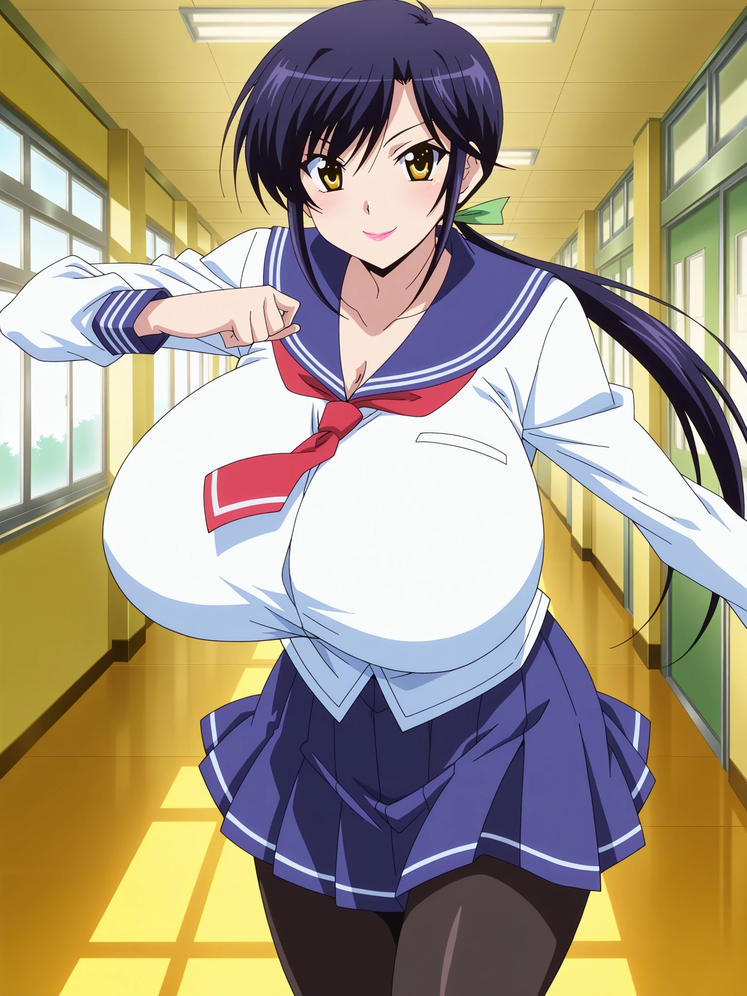 takeda hiromitsu style, anime cels style, best quality, high resolution, Blue sailor collar,school uniform, serafuku, short sleeves, Red neckerchief, White shirt, Blue eyes, Purple hair, bangs, side ponytail, Hair ornament, (huge breasts:1.2), cowboy shot, blush, embarrassed, smile