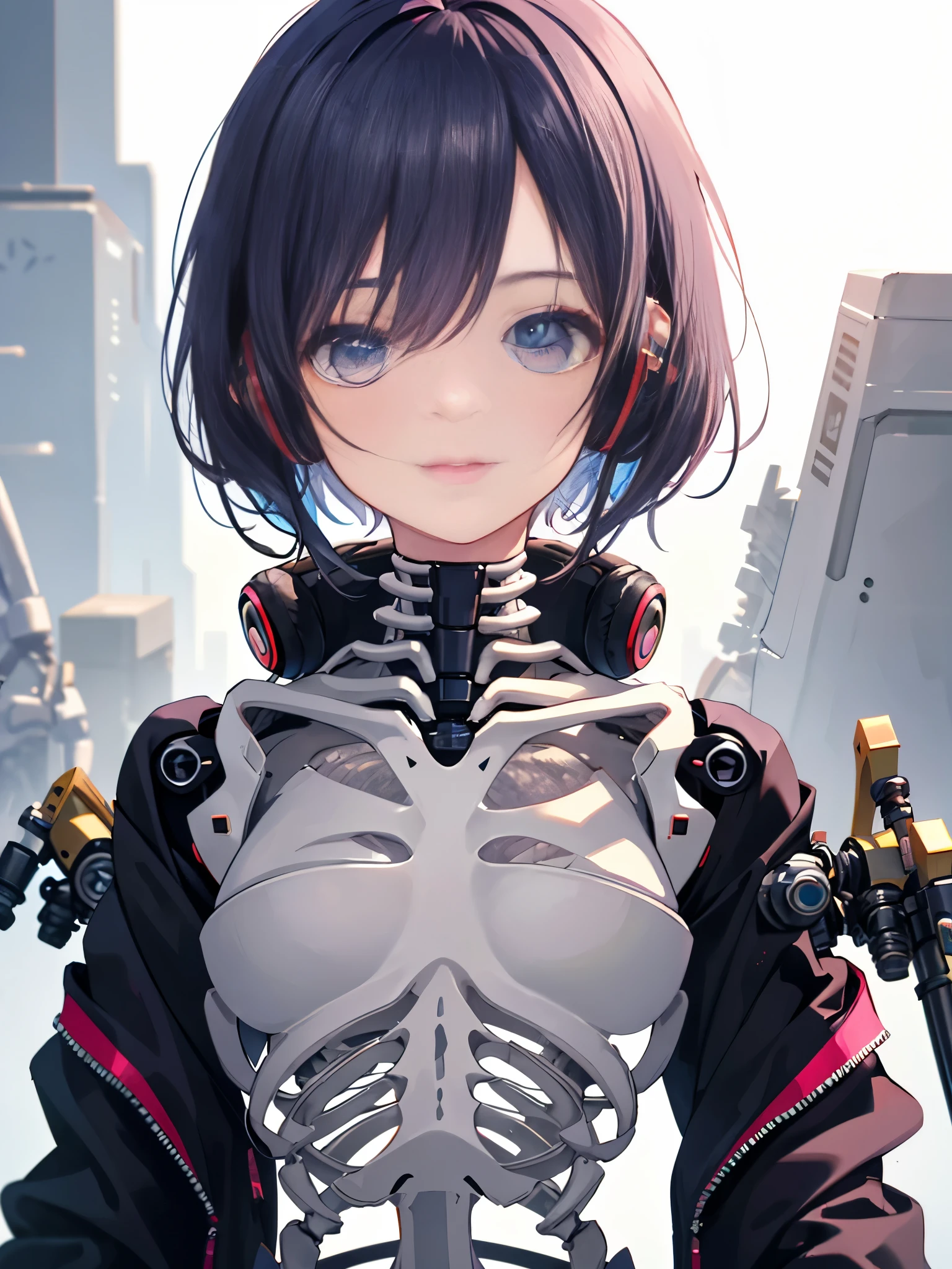 骸Boneの体と手に剣を持つアニメの女の子、masterpiece, highest quality, Upper Body, From the side, alone, One girl, Spine, short hair, Monochrome, Bone, Are standing, transparent, rib, skeleton, View your viewers, grayscale, Machinery Parts, Hair on one eye, Gray Hair, Shiny, Robot Joints, black