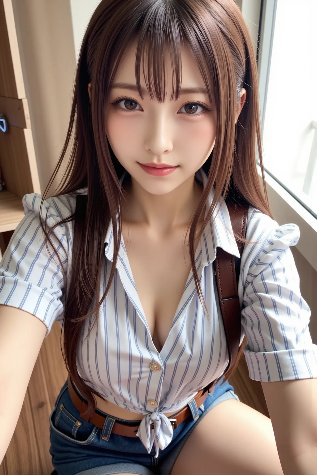highest quality, figure, Pink Hair、sexy、slender、Pink tie、Open front pink shirt、Red exy、Shapely small breasts、sexy、sexy、Very detailed, Fine details,Slim body、slender、Japanese girl、 High resolution, 8k,wallpaper, Perfect dynamic composition, Beautiful fine details, Short Twin Tails、Big Natural Color Lip, smile、Cold Stare,15-year-old girl、Cute type、Lolita、Good Eyes、whole body,Light blue wall,Sexy thighs are visible、
