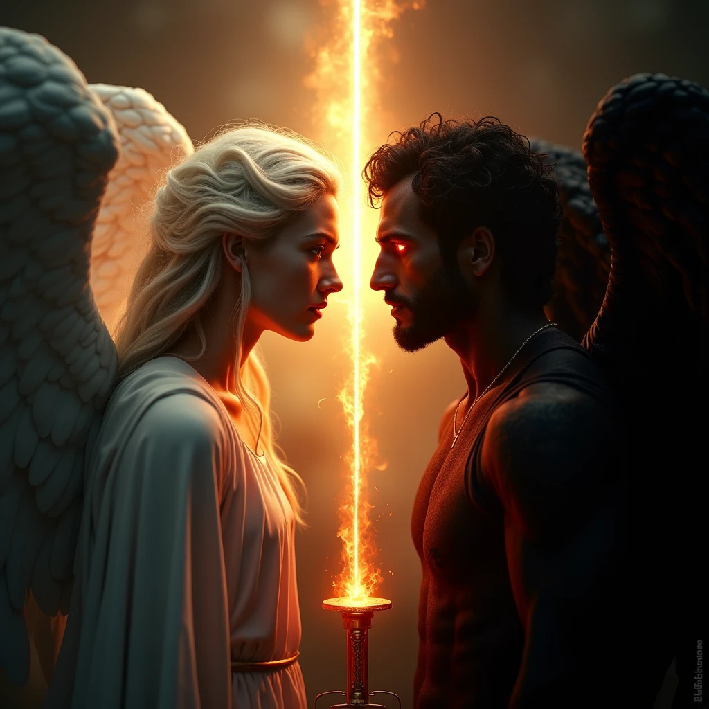 Fantasy-style illustration featuring a dramatic and intense scene. The layout is vertical, with a large, ethereal figure on the right side, draped in flowing white robes and possessing large, detailed wings. The figure has a serene, almost sorrowful expression, with pale skin and long, flowing hair. On the left side, Guts, the Black Swordsman, its massive blade glowing with a faint blue light. His face is partially obscured by his helmet, revealing a determined expression. The background is filled with swirling red mist and indistinct forms, adding to the chaotic and otherworldly atmosphere. The overall color palette is dominated by shades of red and white, creating a stark contrast between the two figures. At the bottom center, a circular logo bears the text 'Artvision1999' in a gothic font, subtly blending into the ominous environment.