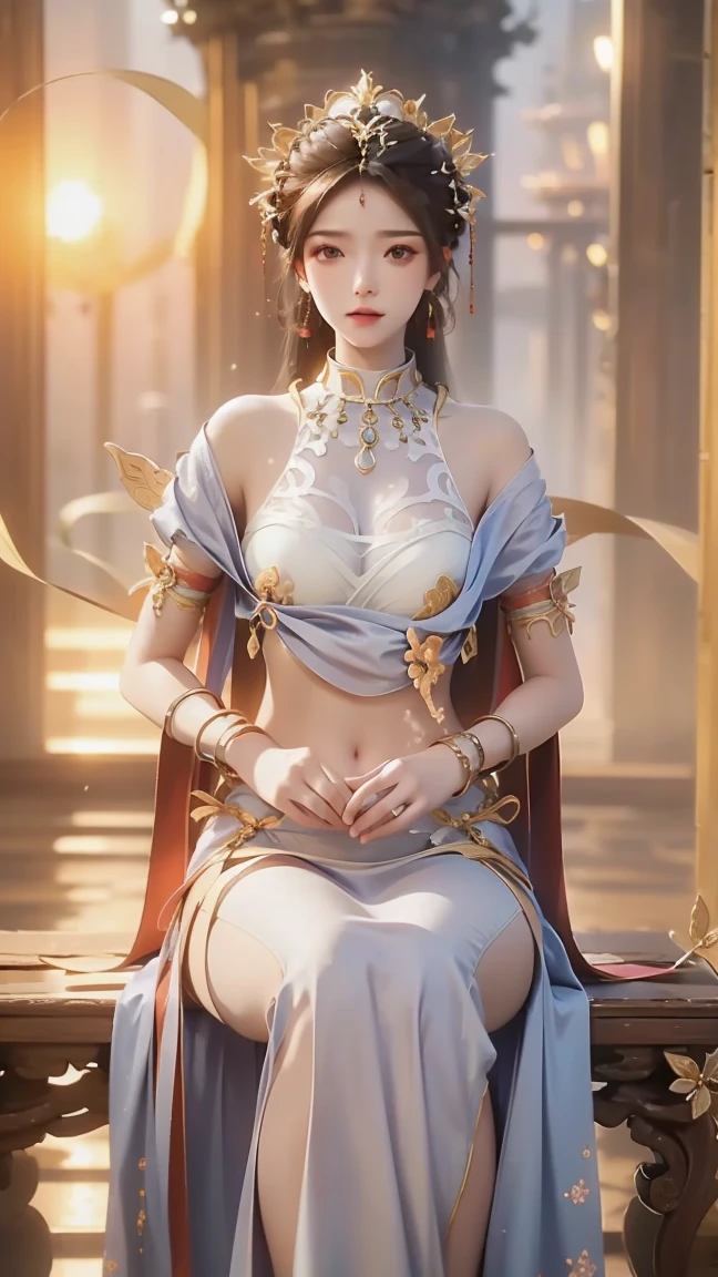 A girl,Solitary,Gray background,Artistic Lighting,Beautiful Asian goddess,Brown long hair,High Ponytail,Blonde headband,Exquisite facial features,Thin white lace dress,gold embroidery on skirt,Sleeveless,Smooth skin,huge :1.5(((Full breasts,)))(((Large Breasts))) (((Cleavage))),,Sit cross-legged,Hands together,center,symmetry,from below,Abdominal Shot