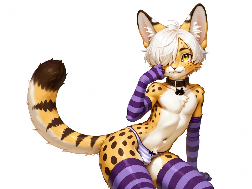 Highly detailed, masterpiece, digital art, by rui araizumi, anime, furry, anthro, solo, 1boy, femboy, androgynous, girly, lynx, big eyes, green eyes, bald, grey body, spotted fur, nude, nsfw, penis, balls, standing, full body, white background,