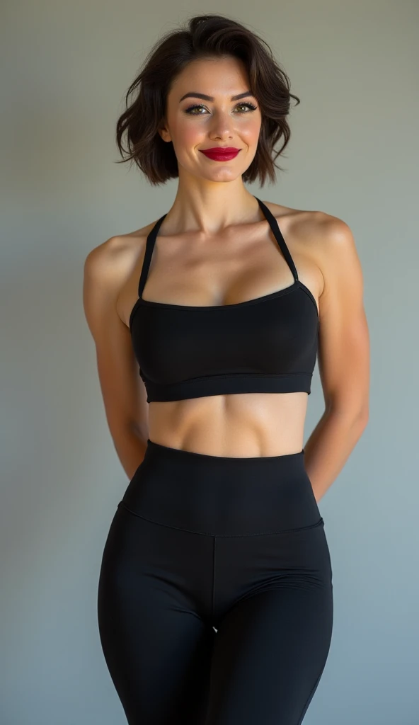 40 year old girl, short height, medium breasts and tight sportswear without a bra