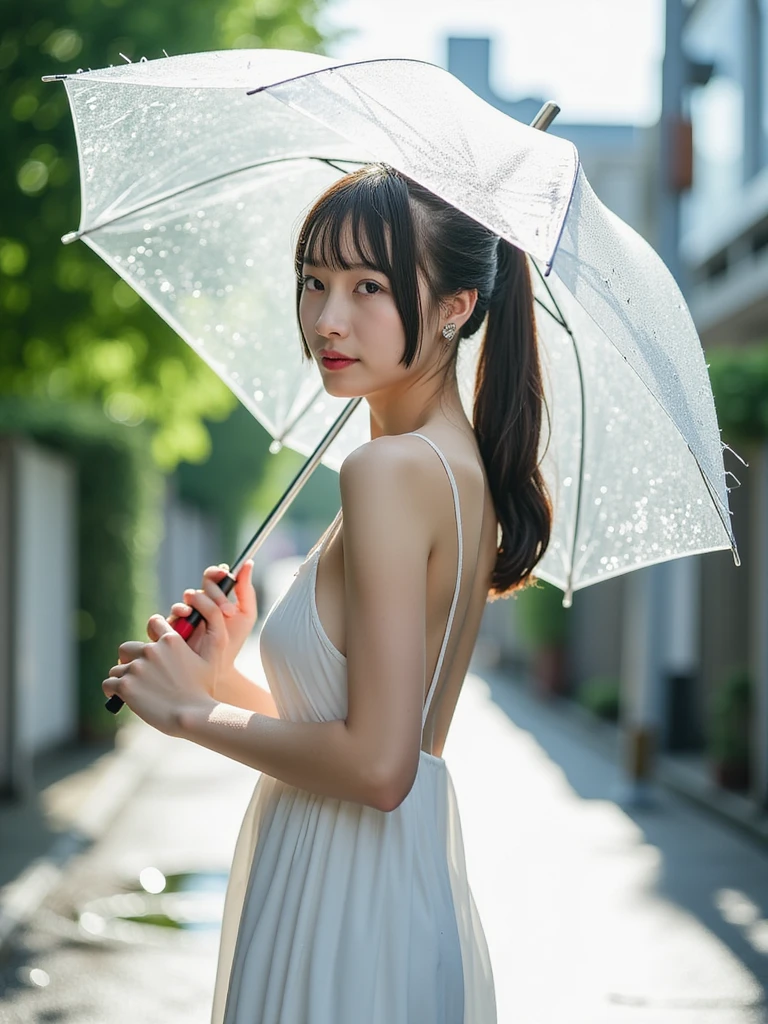 There was a woman sitting on the ground，Holding an umbrella, Bigchest，an umbrella top, japanese vfx, Rained, Umbrella, styled like ghost in the shell, Yoshitomo Nara, inspired by Ayami Kojima, rainy outside, inspired by Kanō Naizen, yasumoto oka, still from a music video, Rained!