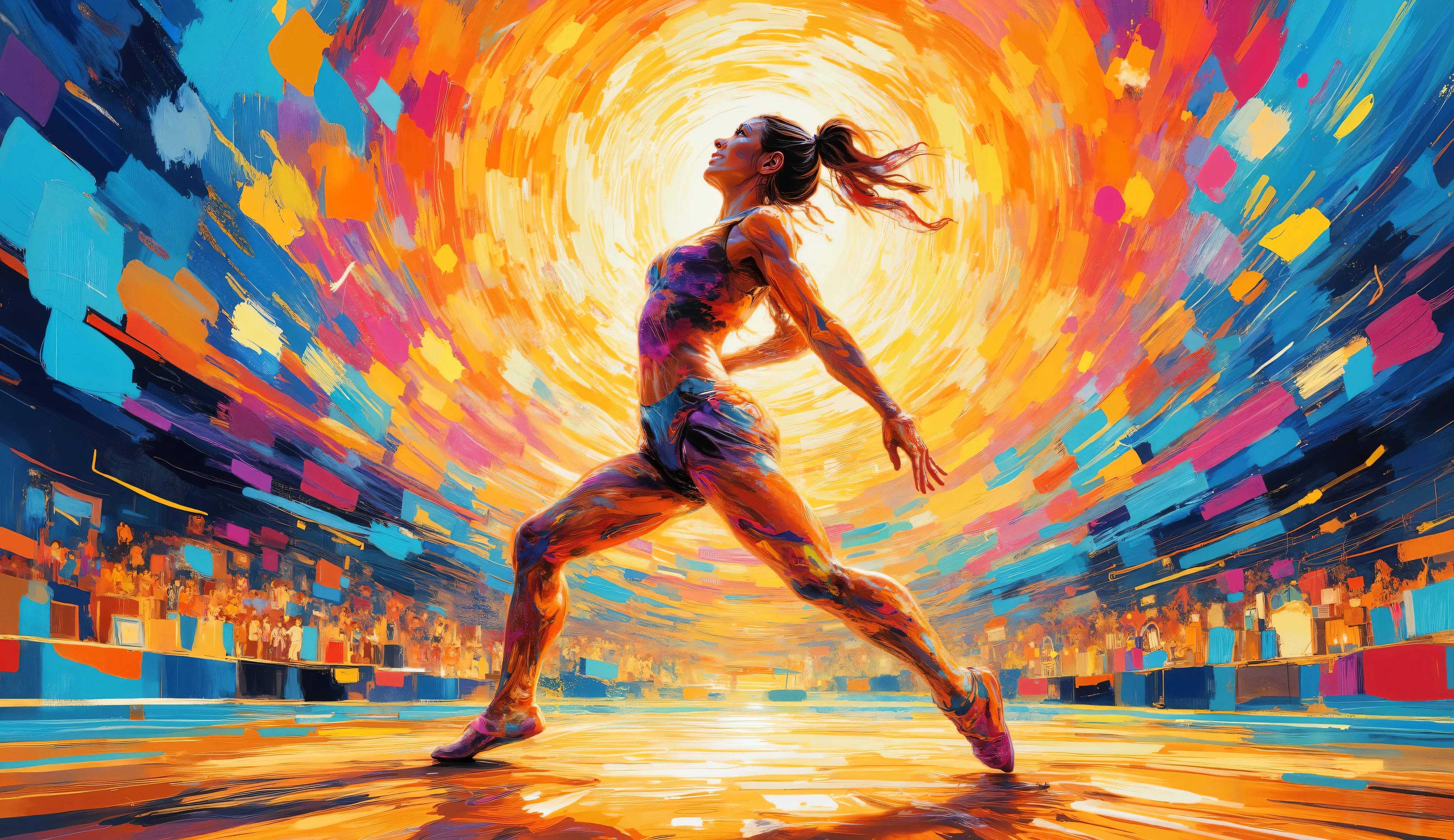 action painting, fantasy, Olimpic gynastic, floor, girl, impressionist, jump with swirl, beautifull, primary colors: sharp focus, akihiko yoshida, krenz cushart, brom, medium format, Unreal Engine 4, vector art