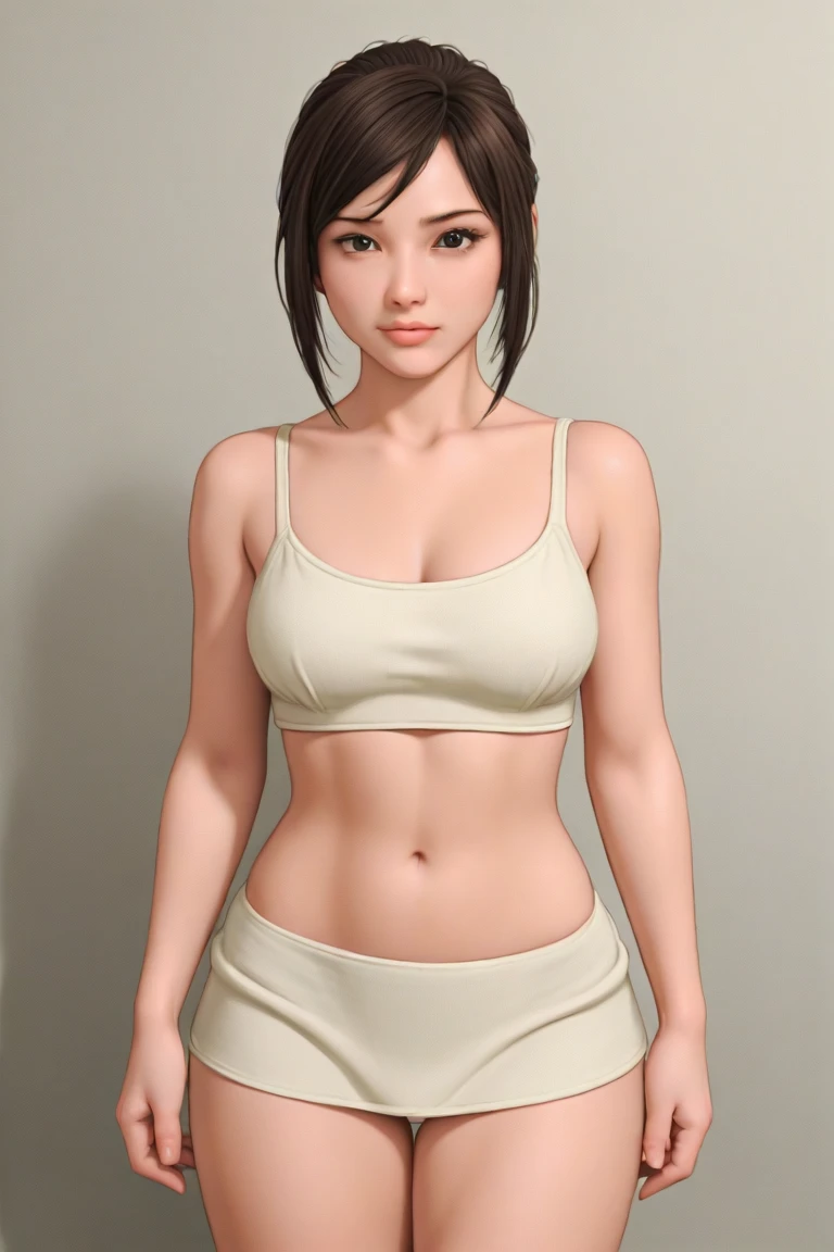 Beautiful Brazilian girl, brown hair in a ponytail, 18 years old, beautiful thin figure showing her butt in a white gym, wearing short leggings and a sports bra