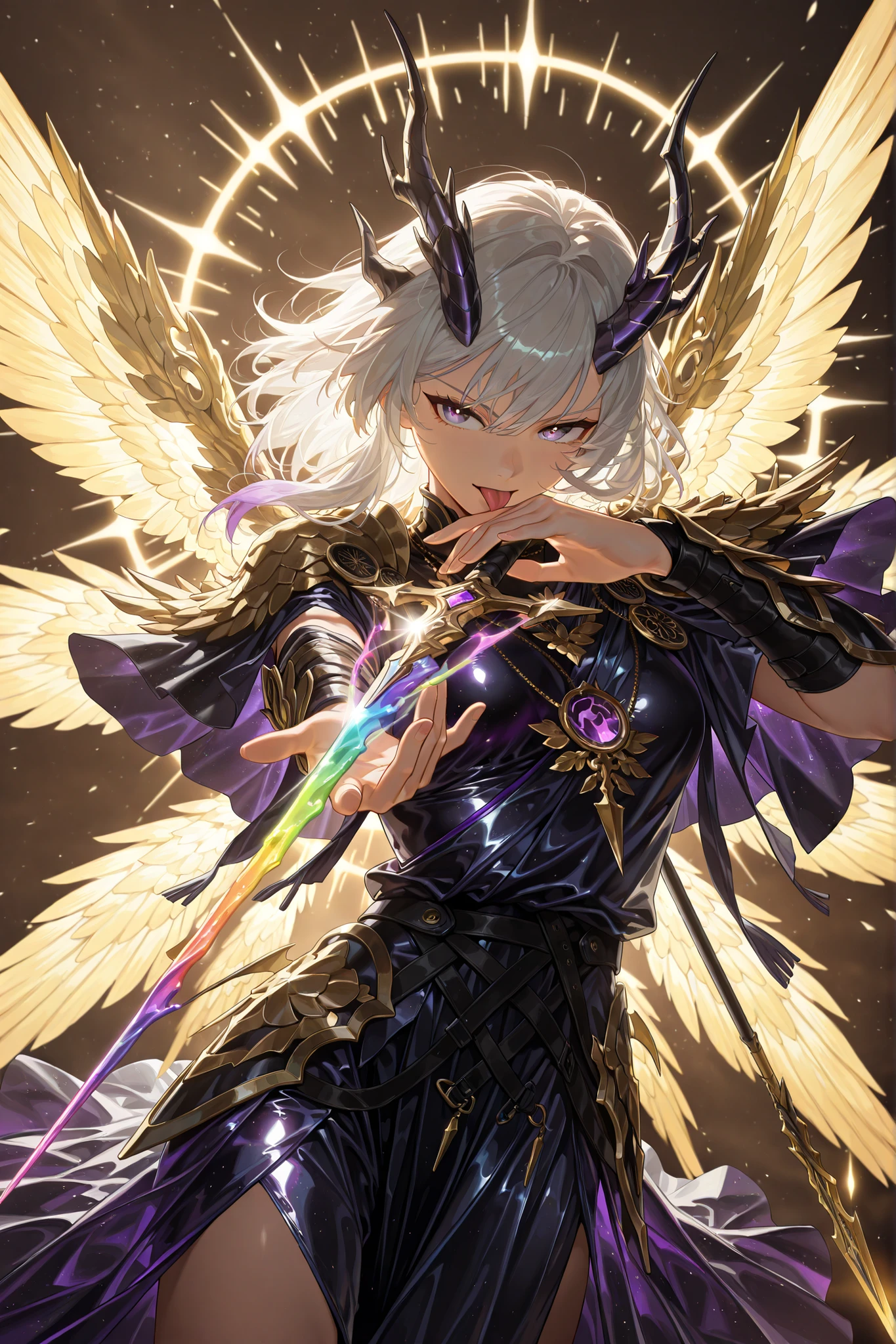 style of [arknights|(748cmstyle:0.88)], god rays, vivid colours, light stream, colour splotches, cinematic shot, mature, young adult, masterpiece, best quality, amazing quality, very aesthetic, high resolution, ultra-detailed, absurdres, (hands:-0.25),
(1girl, female:0.95), solo, alone,(dynamic pose, side eye, upper body focus, dutch angle, three quarter view, close up, cowboy shot:1.2),(KianaHi3, Fol005, Kia_Hof:0.52), (licking her weapon, tongue on weapon:1.44),white hair, medium hair, black eyes, golden eyes, swirling eyes, purple eyes, gradient  hair, rainbow liquid, serious expression, tsurime, pearlescent liquid spear, dragon transformation, frontal dragon horns, dragon spear, liquid spear, liquid weapon, golden wings, spiked armor, flaming capelet, liquid armor, fluid armor, liquid clothes, (toga:1.55), leaf necklace, armored skirt, combat stance, dragon spirit, tacet mark, withering waves, shorekeeper, quantum void, novuschroma79 style, glitch art photo
BREAK, depth of field, volumetric lighting
 