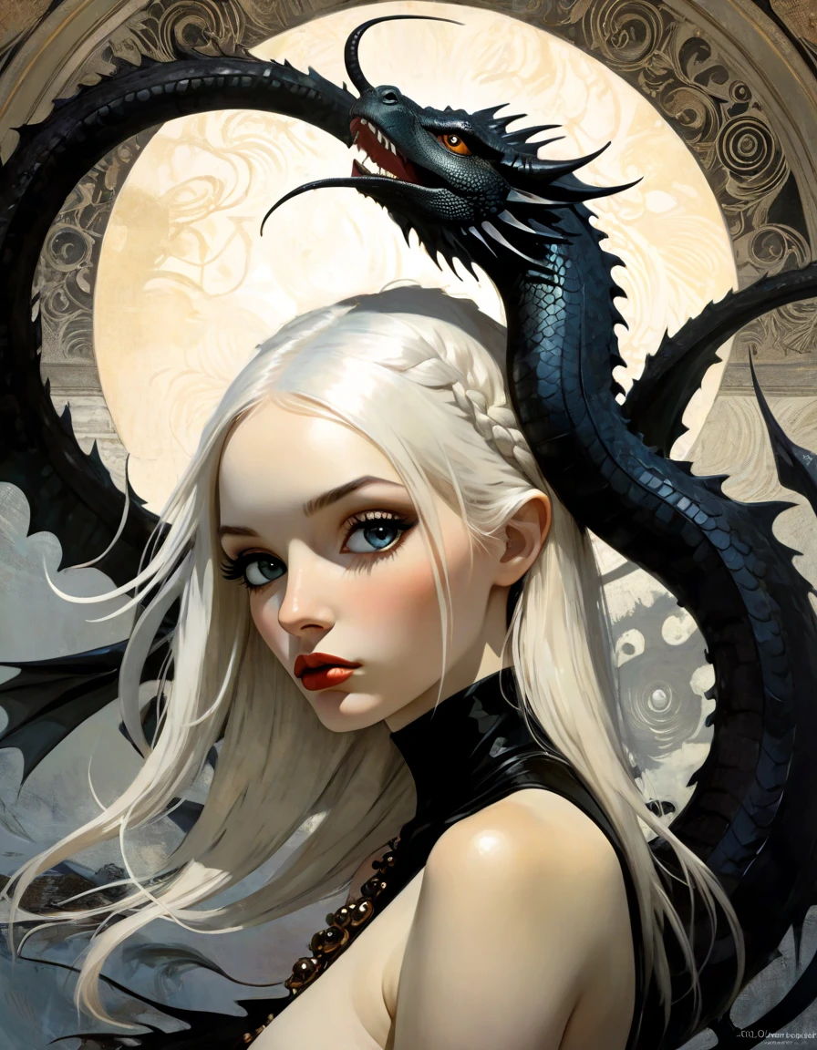 Vector digital art, centralized image in an amazing illustration of a charming sensual perfect girl in black and white only, with the only piece in color being a red accessorie but just one and nothing else, in the center of this piece of art is the majestic hyperdetailed dragon, professional style, wall art
