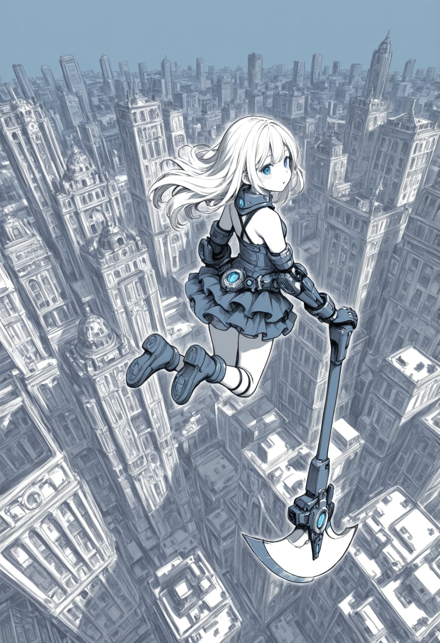 A young girl ,dressed in giant ruffles, from behind,(looking back),blue eyes,giant blue runic axe,blue mechanical glove, monochrome,grayscale, blue in the background ,Jumping,City from above,Floating