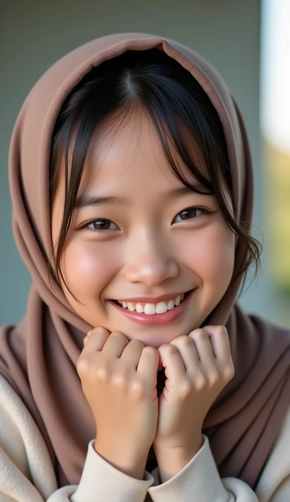hijab asian smile girl on face detailed 8k short angle ultra HD wide 16k photo super realistic