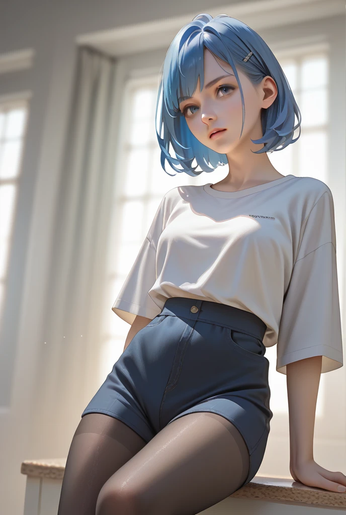 a beautiful, petite girl with short blue hair, big round eyes, thick lips, rosy cheeks and thick thighs, a pear shaped body weaing fantasy style clothes with a beautiful immersive background