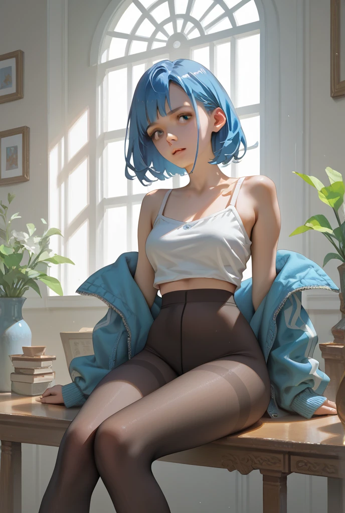 Blue hair and sweatshirt, Cute and seductive girl, Painting Tools SAI Patron, Blue pupils Blue hair short hair, White stockings，JK，White panties，cat ear，