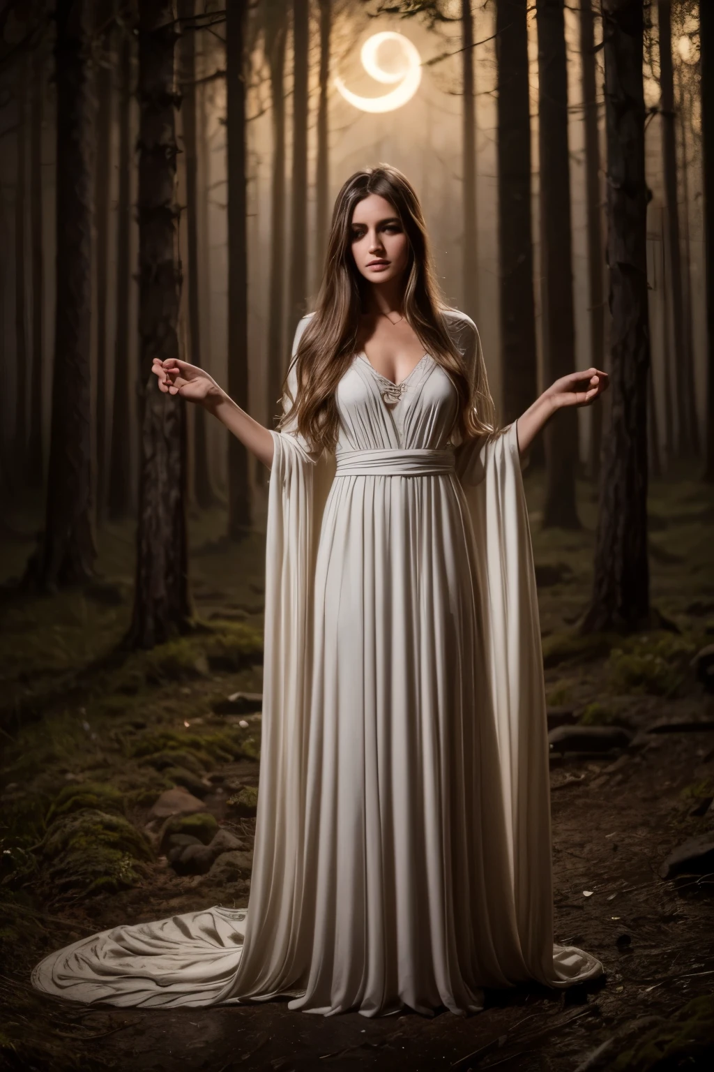 Moonlit forest glade, subtle mist swirling around ancient trees, illuminated by a soft, ethereal glow emanating from a crescent moon hanging low in the sky. A 50 year old old witch, dressed in flowing white robes, stands at the edge of the clearing, her staff glowing with a gentle blue light as she gazes up at the celestial body, her long hair blowing gently in the breeze.