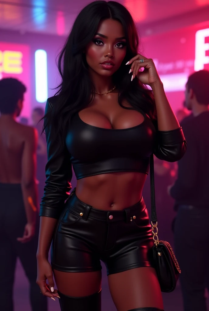 Ultra realistic, cinematic lights, real black girl, 16K, best quality, High resolution, hot atmosphere, dream atmosphere, 1 girl, 18 years old, long black hair, cute bangs over the forehead, cute eyes, sexy eyes look, cute pretty face, beautiful makeup, pretty lips, realistic skin, skin being brightened, perfect shading, wearing a sexy outfit, earrings, fit slim body, big natural breasts, realistic slim hot body, hot girl, seductive, sensual posture, big hips, thick legs, torn clothes, realistic textures, blurred background, Depth, dream aesthetic, Atmosphere of dream, cinematic lighting.