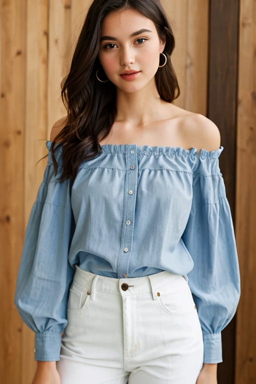 photograph of a dark-haired woman with windblown curls, her hair is intertwined, like a flame against the twilight sky., radiating unbridled beauty, big breasts,wearing jeans and low cut light blue lace transparant top,, high resolution, best quality, cute, wearing eye make-up, showing buttocks,at the cheesecake factory, big smile on her face, wearing long diamond earrings, holding a handbag