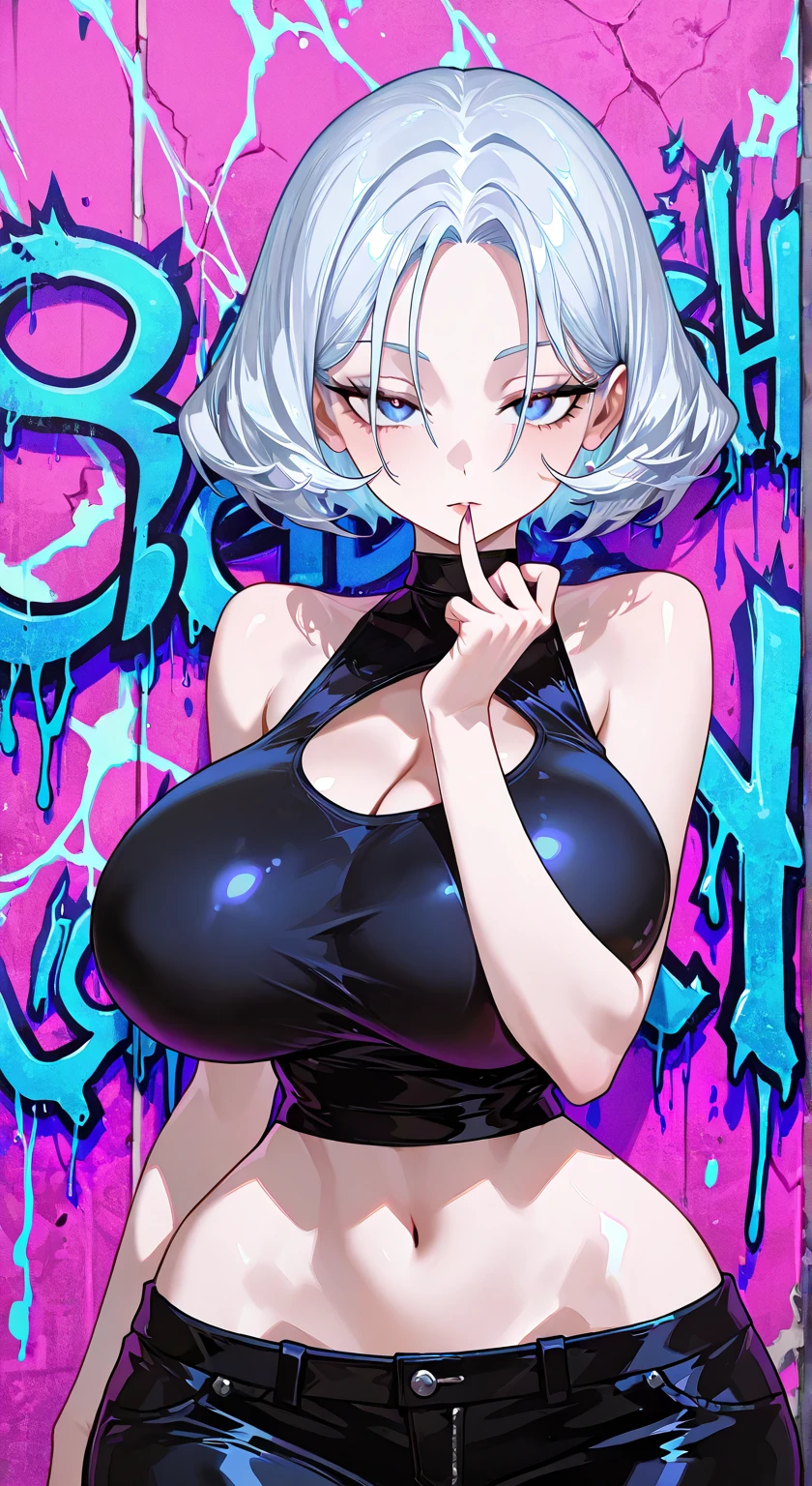 1 girl,nail,put your hand on your face,blonde hair,bob,bangs bangs,purple eyes,front,choker,Upper body,(speed line:1.1),medium breasts, ((heavy breathing:1.3)), like,crop top, Happy,smile