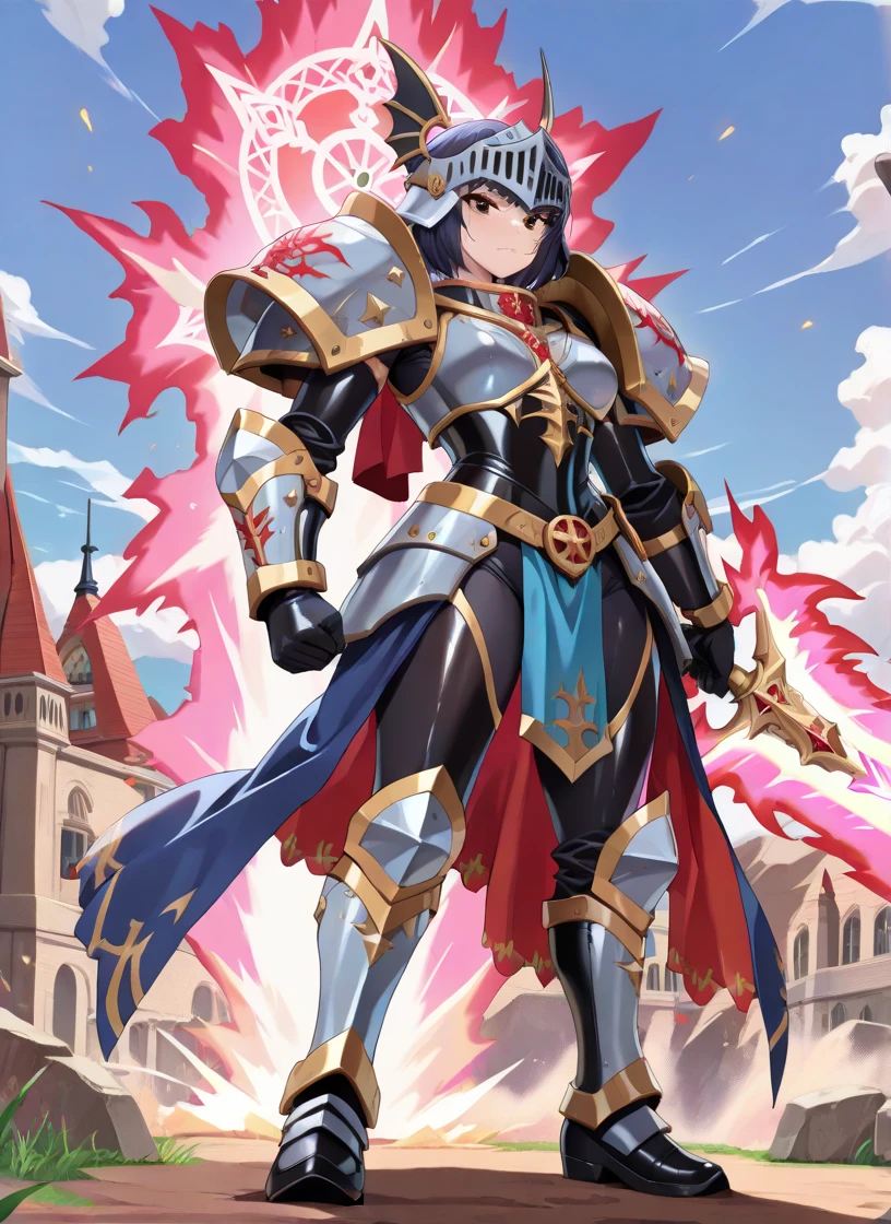 masterpiece, best quality, brvLucy, tiara, cape, full armor, breastplate, gauntlets, armored legwear, ((Tight leotard)), ((sexy pose)), ((Wrestling ring)), from side, furrowed brow, looking at viewer