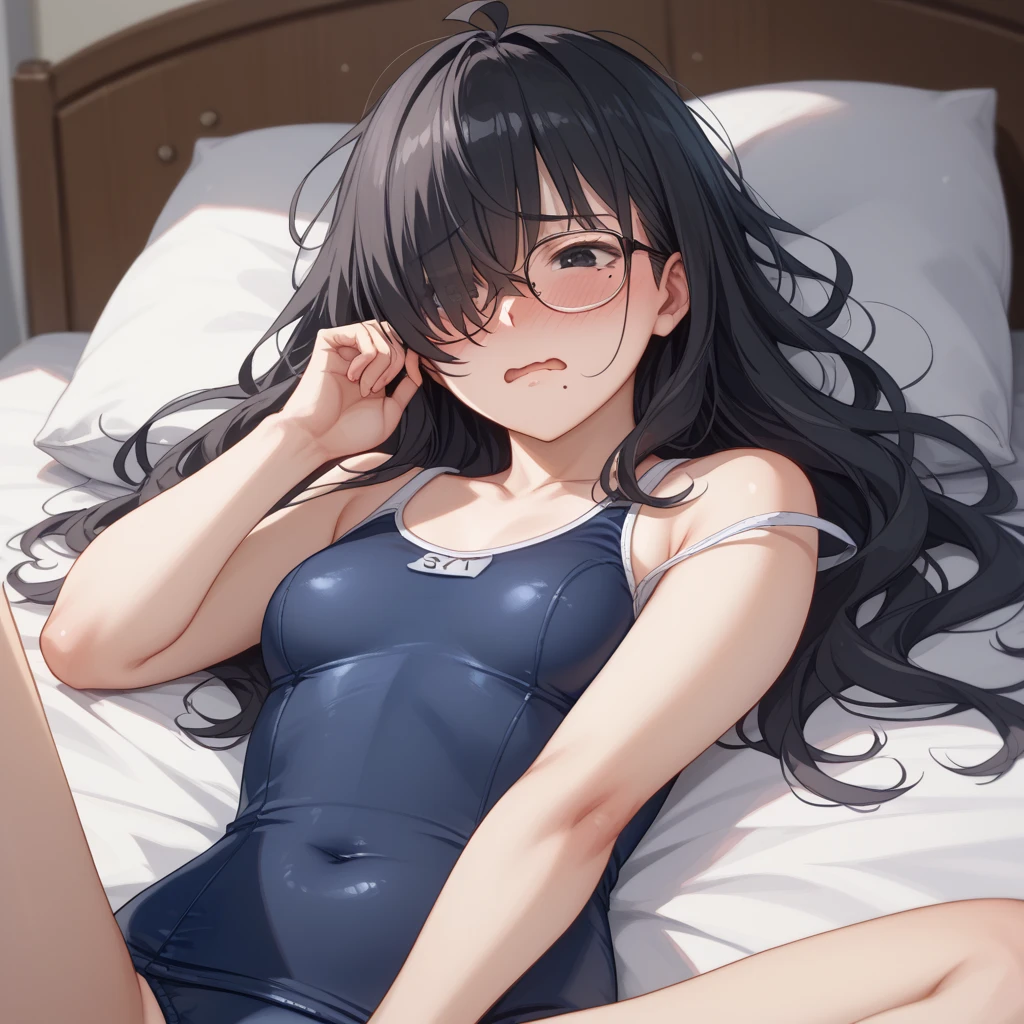 32k, best quality, ultra high res, HDR, UHD, extremely detailed CG, unity 32k wallpaper, very cute, 16-year-old girl, 1 person, Purple eyes, ((black competitive swimsuit)), Beach, black long hair, (large breasts), (Laugh shyly), ((Lie down on a picnic sheet)), (((Spread your legs wide))),